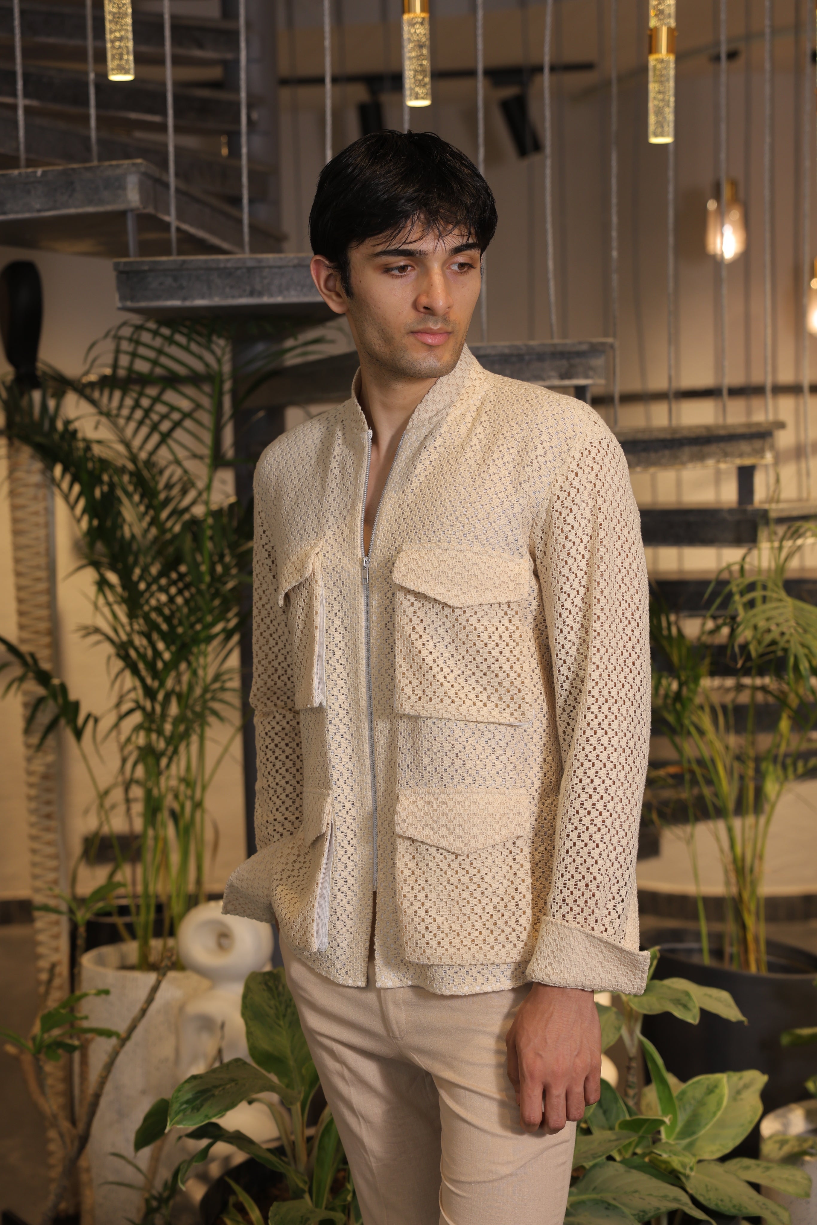 Beige crochet double pockets bomber shirt