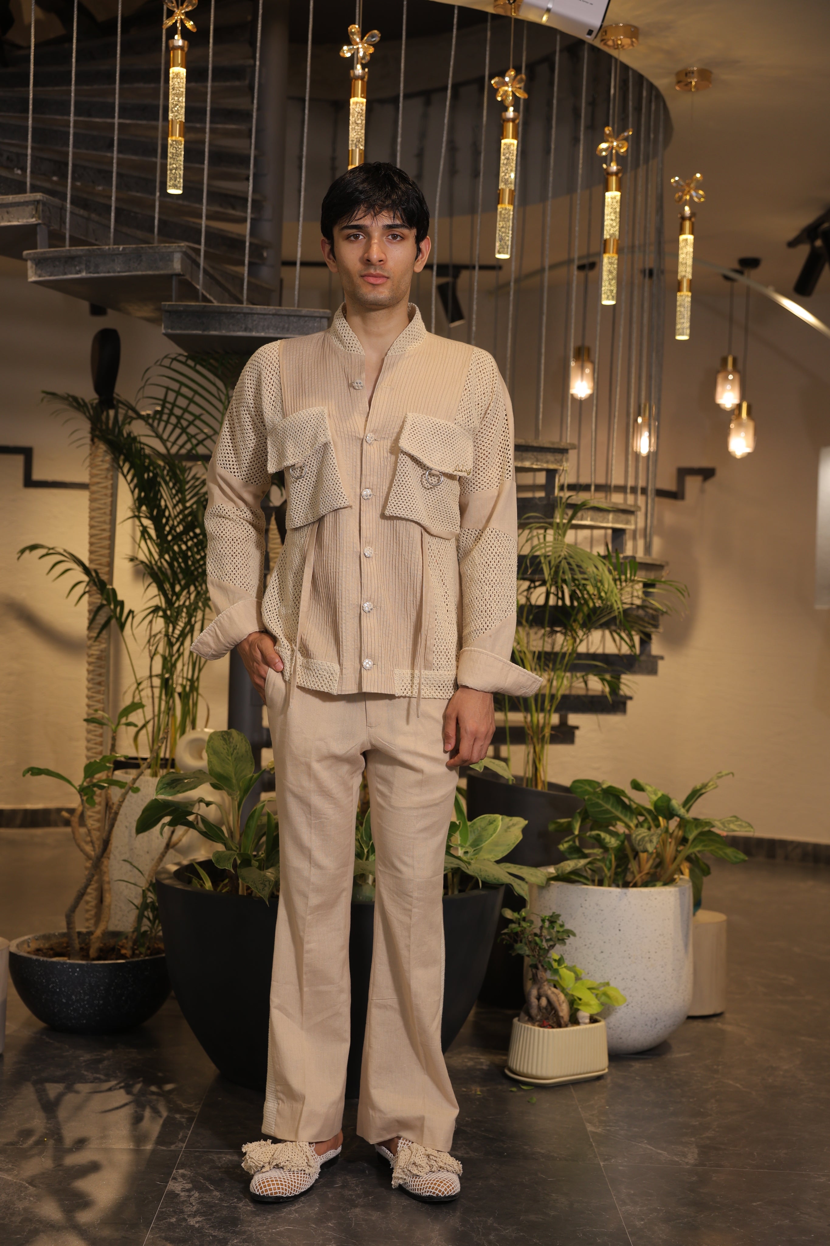 Beige bomber shirt with front pockets