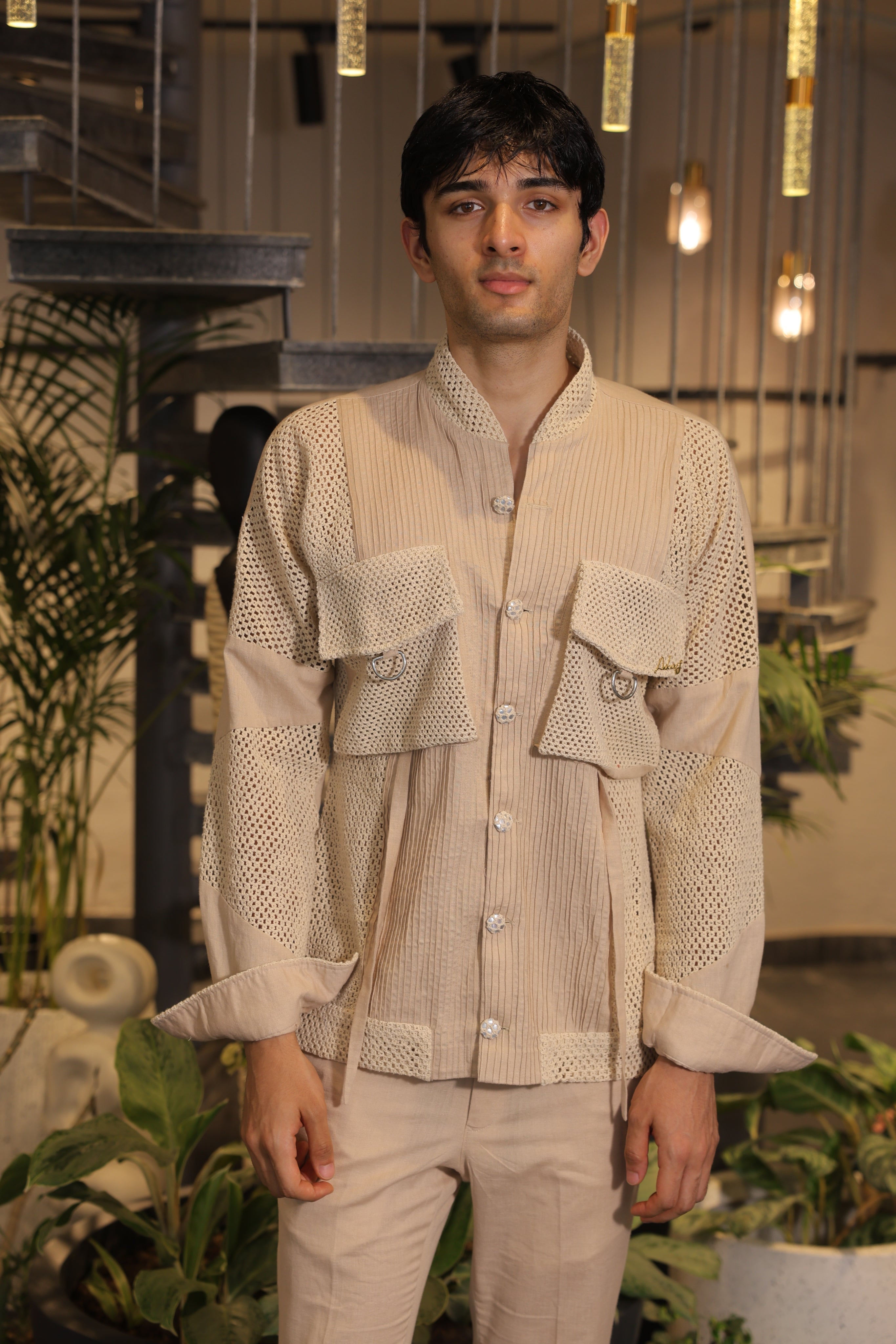 Beige bomber shirt with front pockets