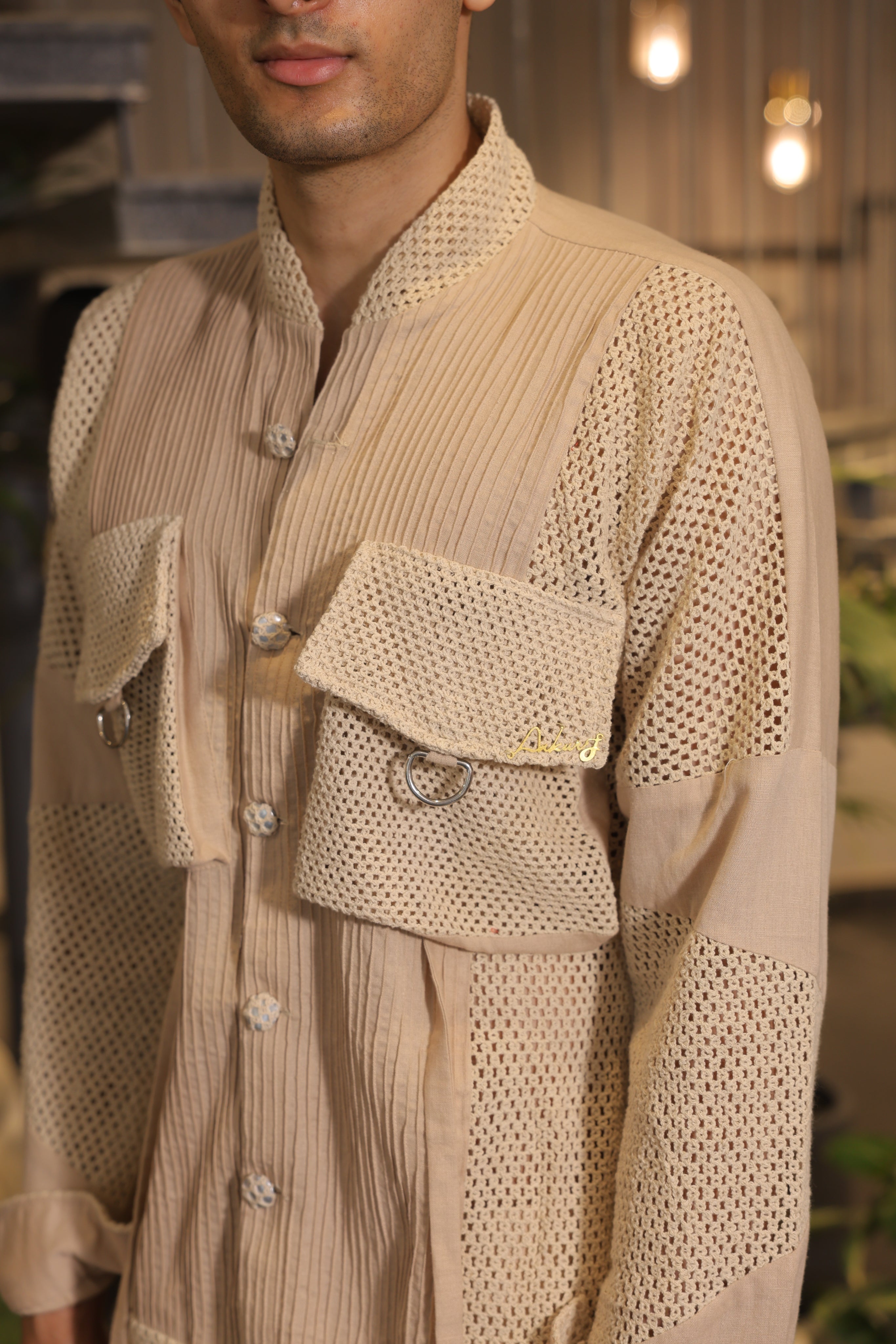Beige bomber shirt with front pockets