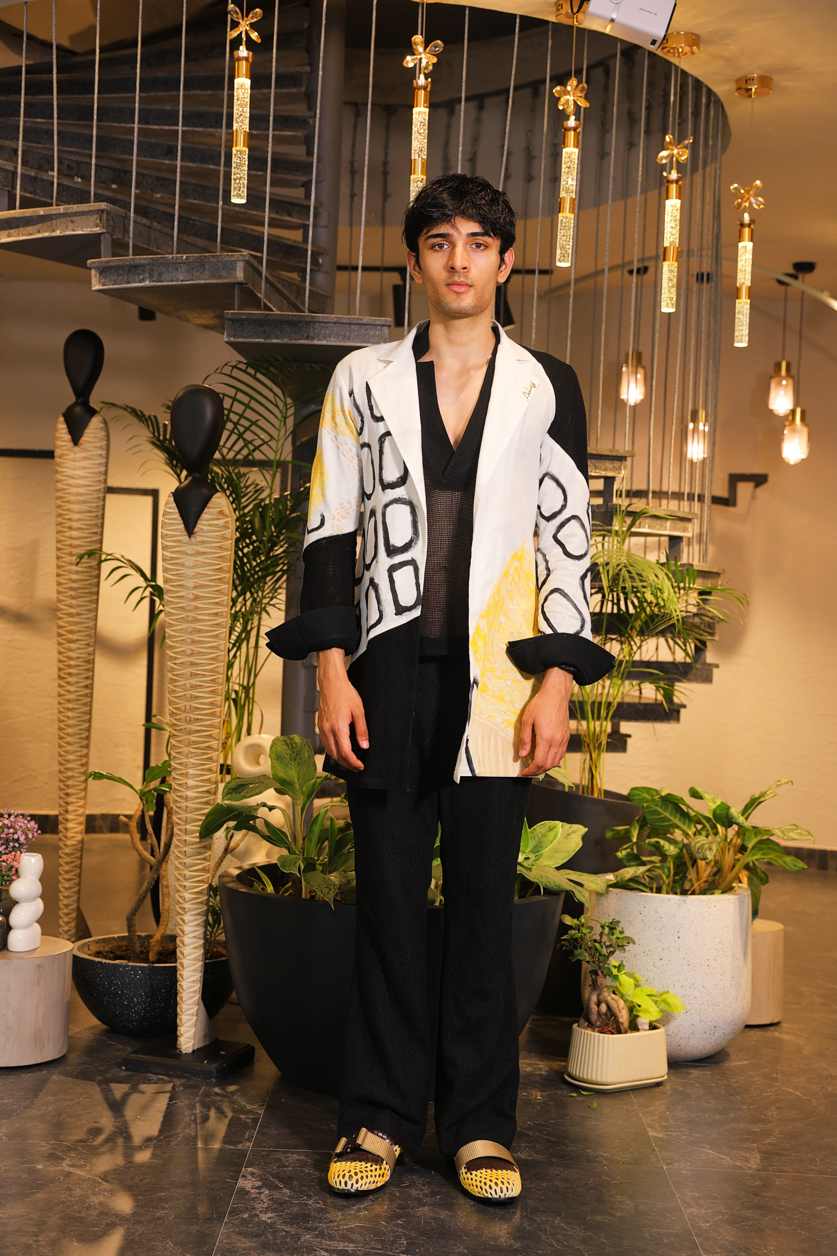 Black and white hand painted overlay with shirt and pants
