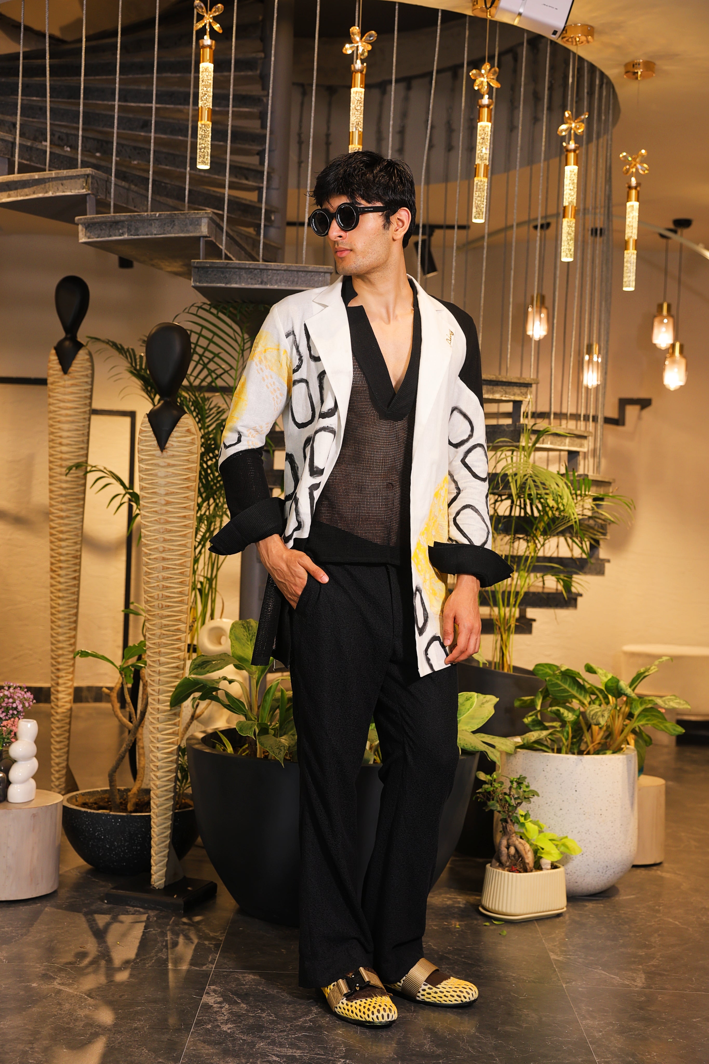 Black and white hand painted overlay with shirt and pants