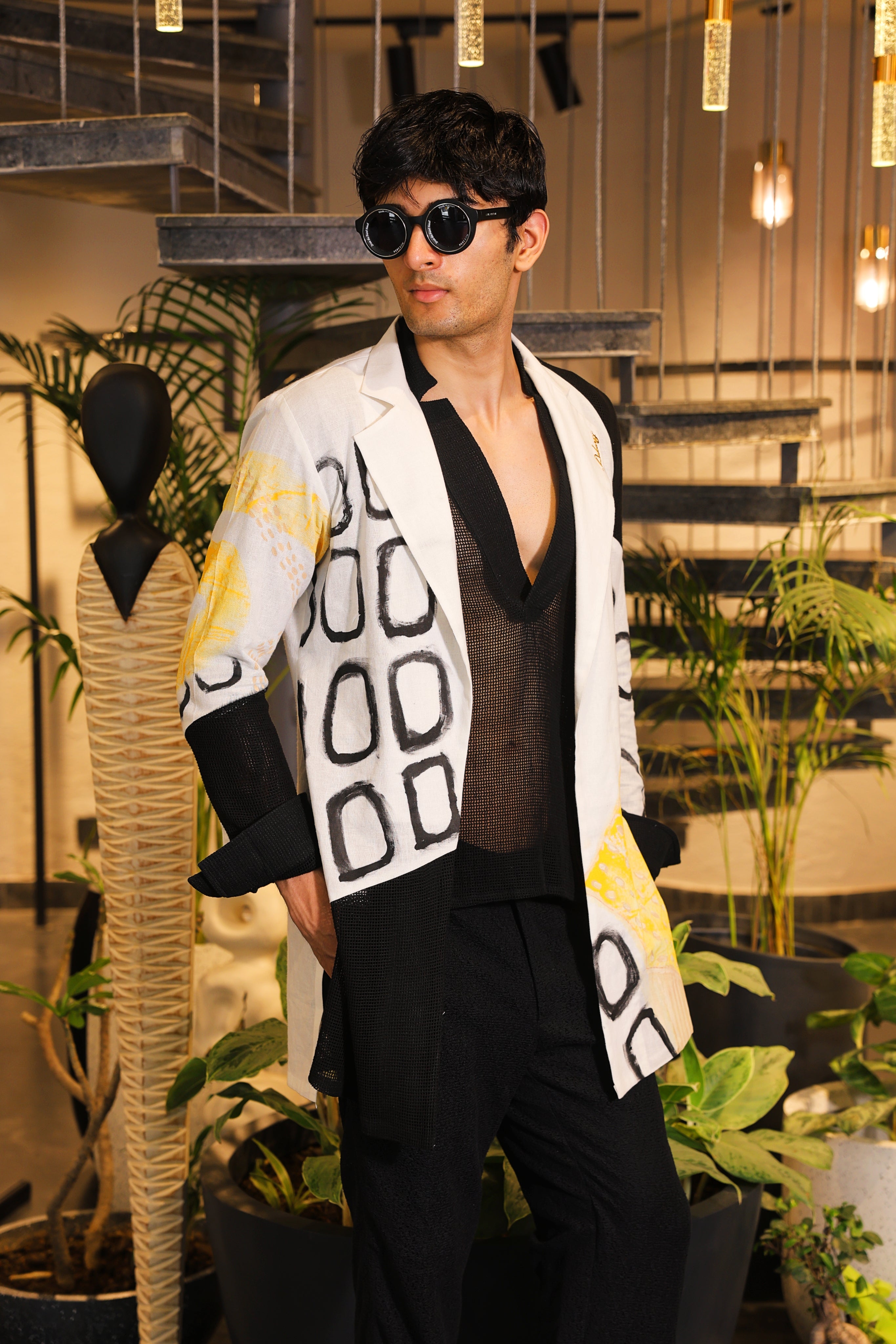Black and white hand painted overlay with shirt and pants