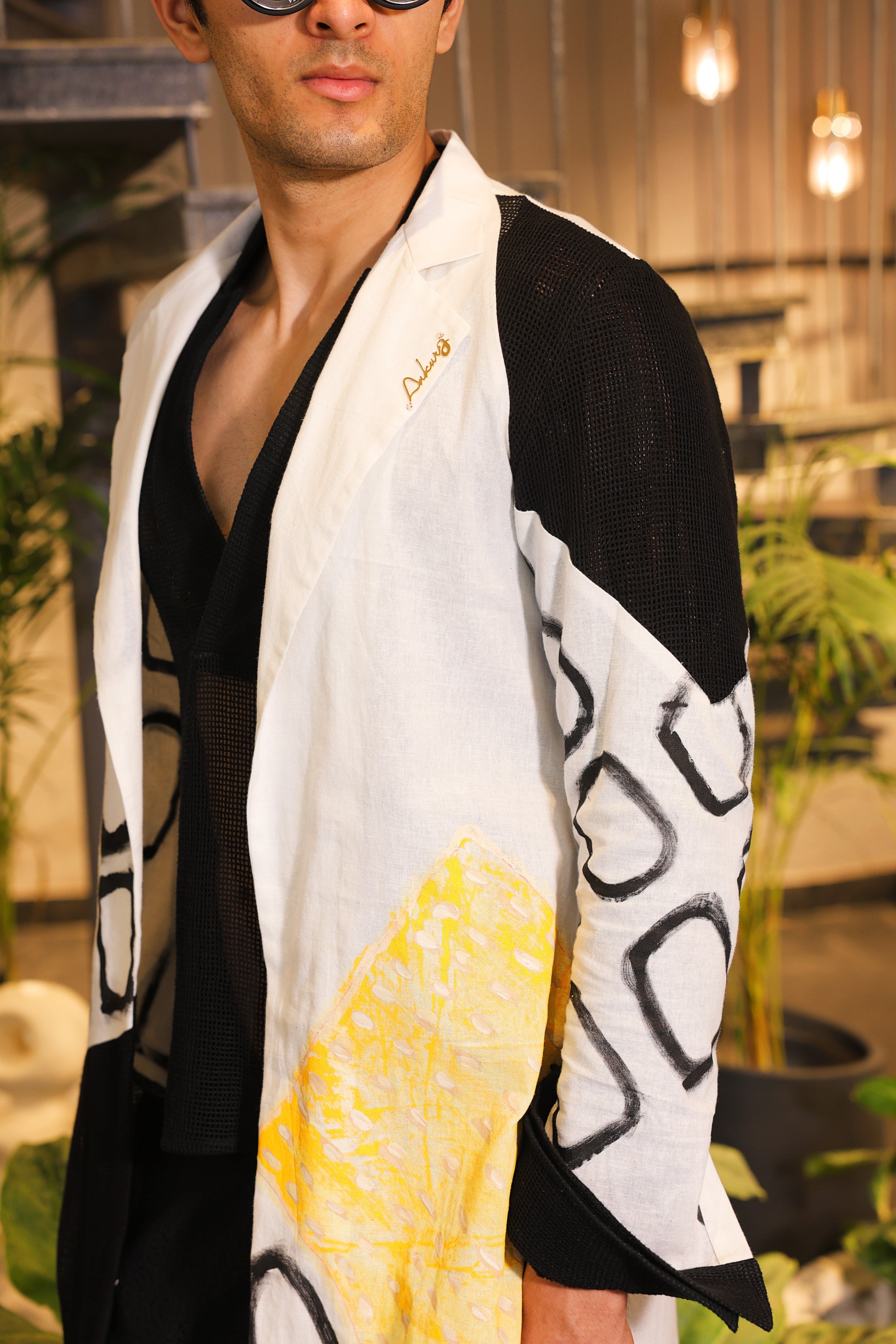 Black and white hand painted overlay with shirt and pants
