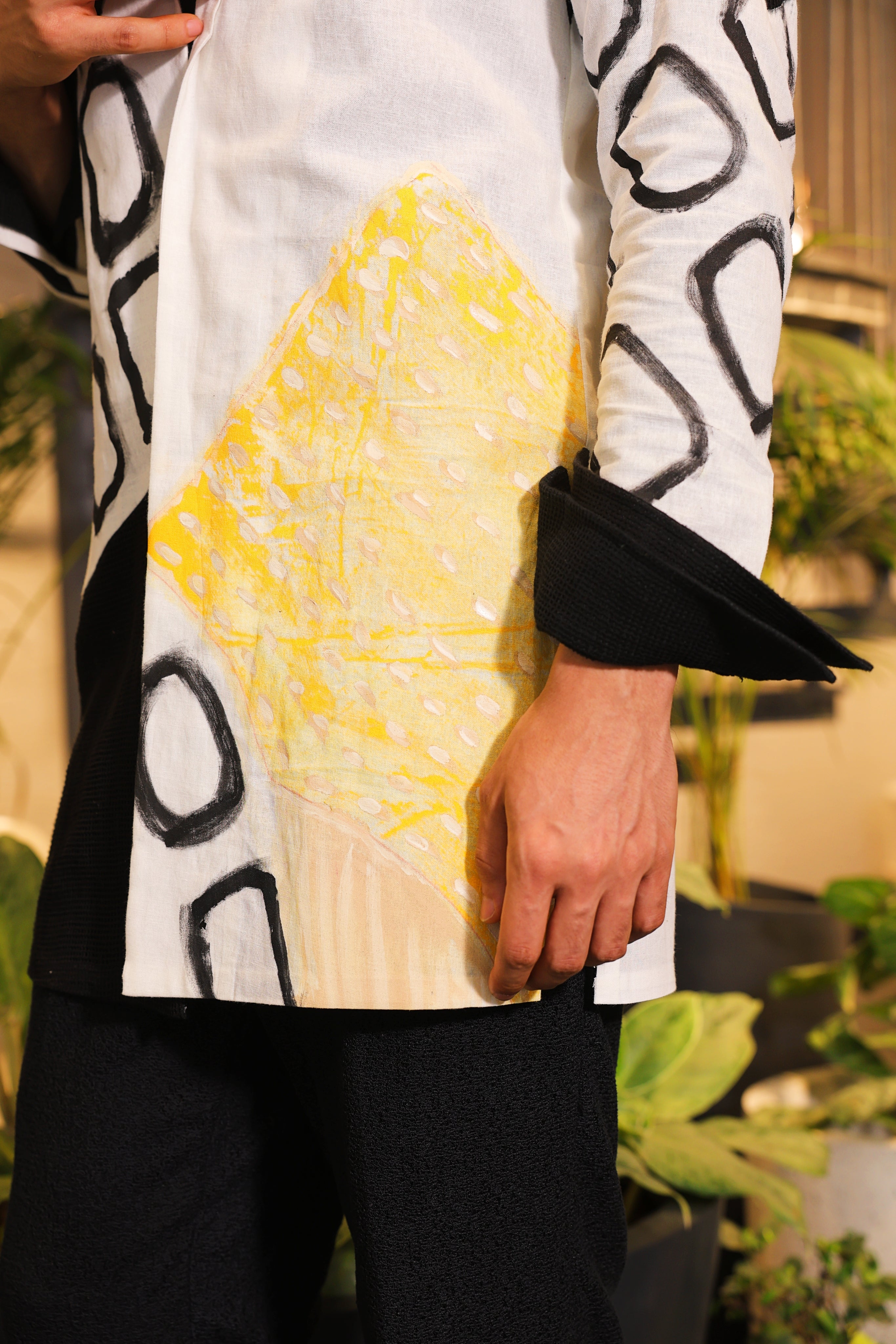 Black and white hand painted overlay with shirt and pants