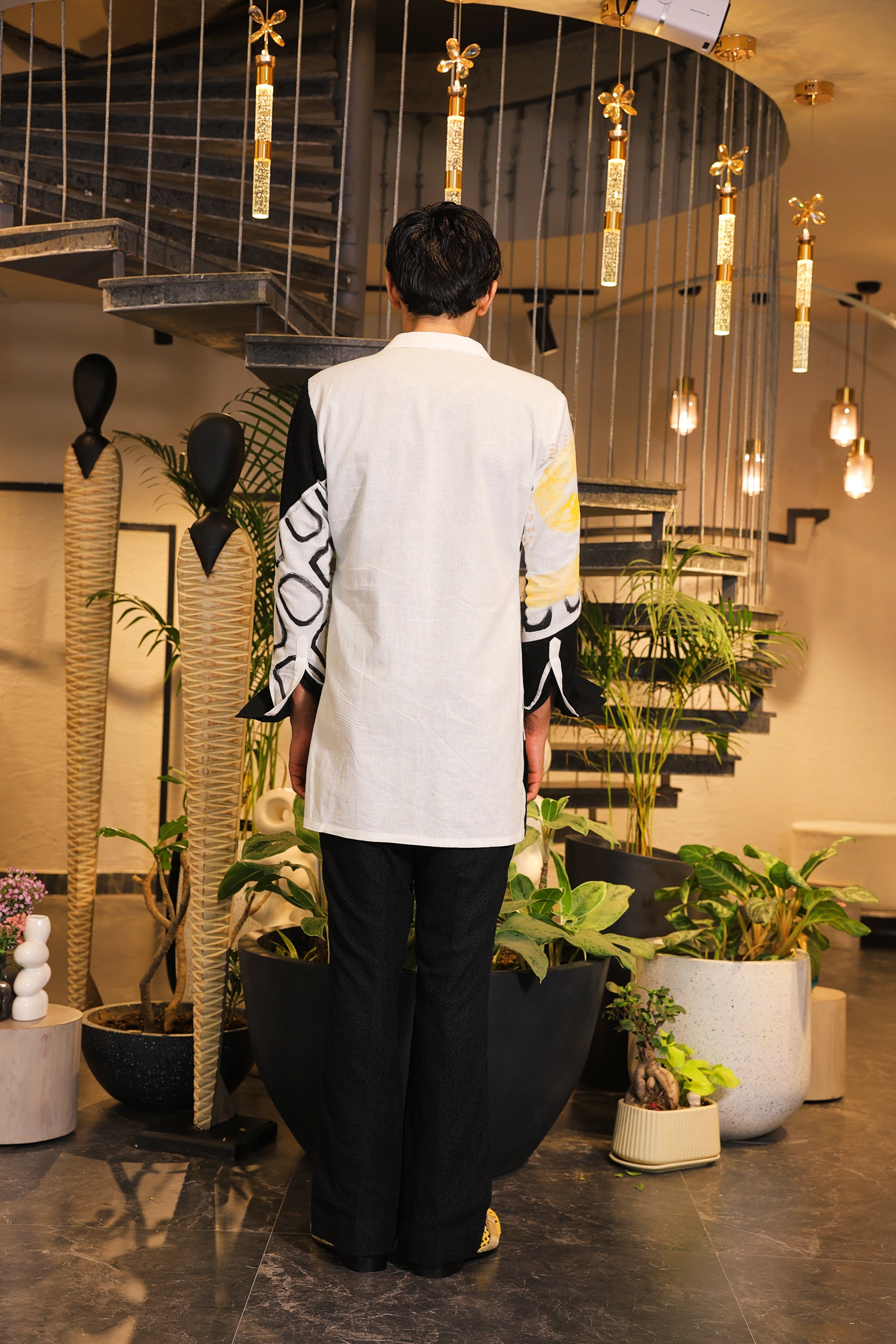 Black and white hand painted overlay with shirt and pants
