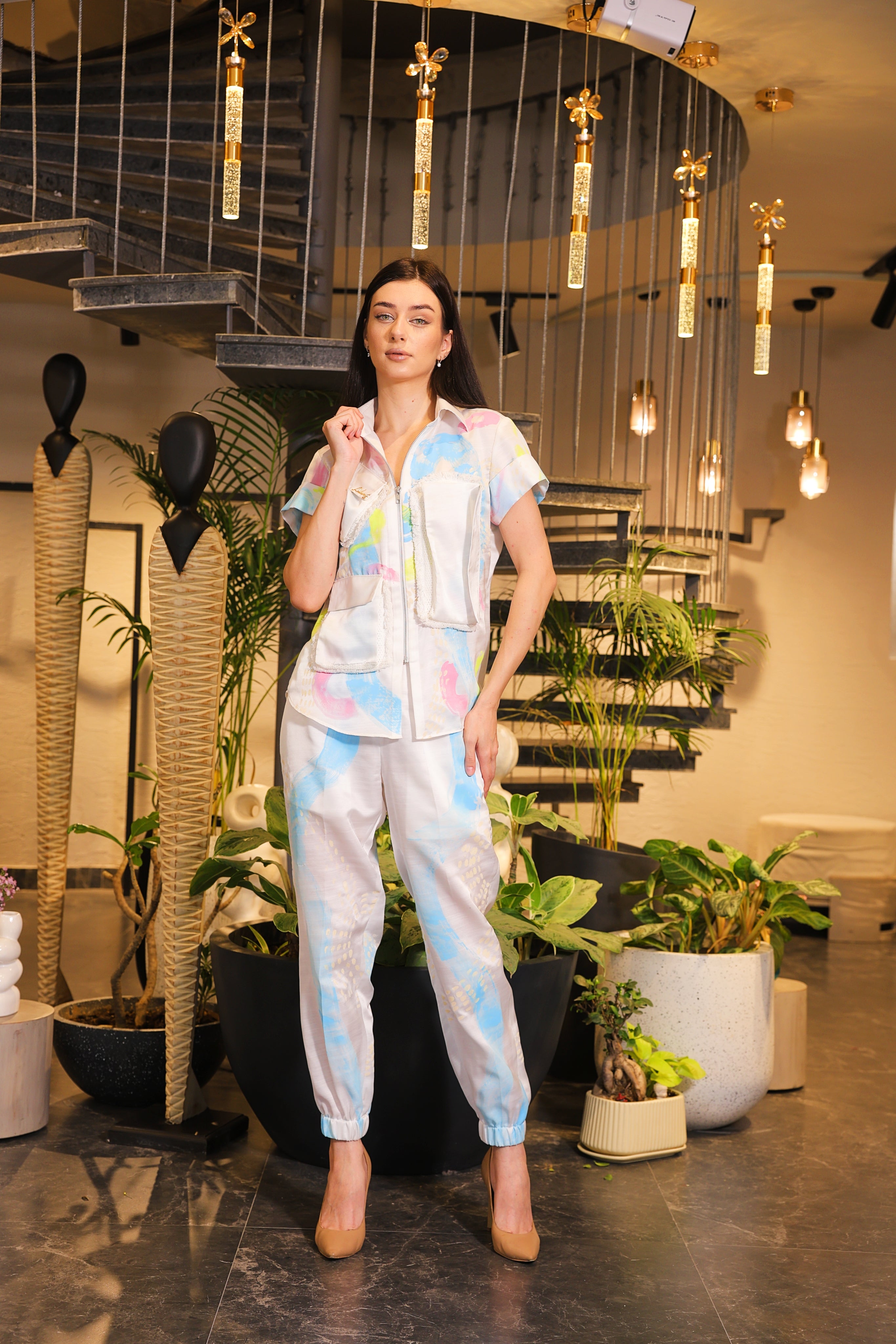 white multi-coloured Hand painted shirt with jogger pants