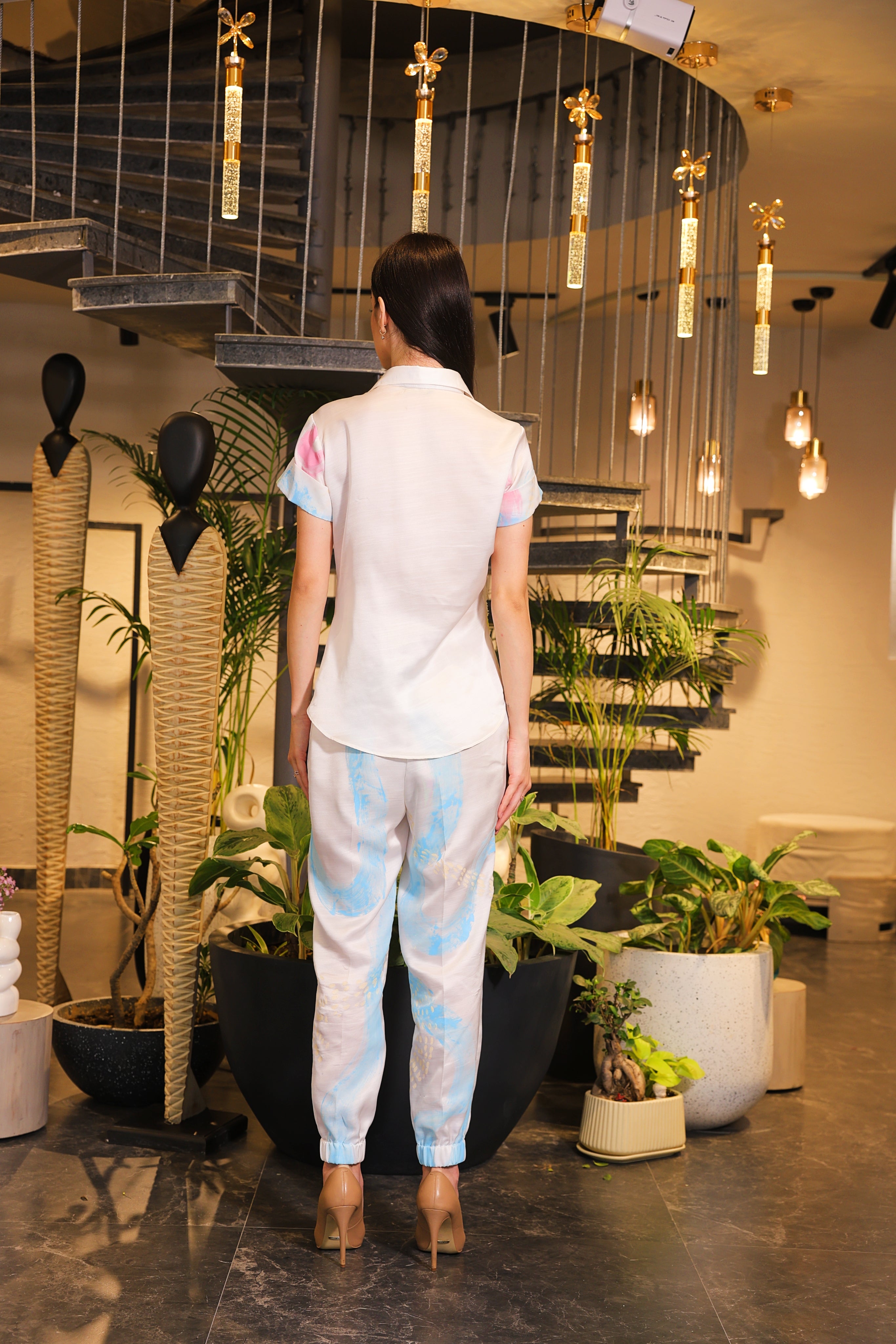 white multi-coloured Hand painted shirt with jogger pants