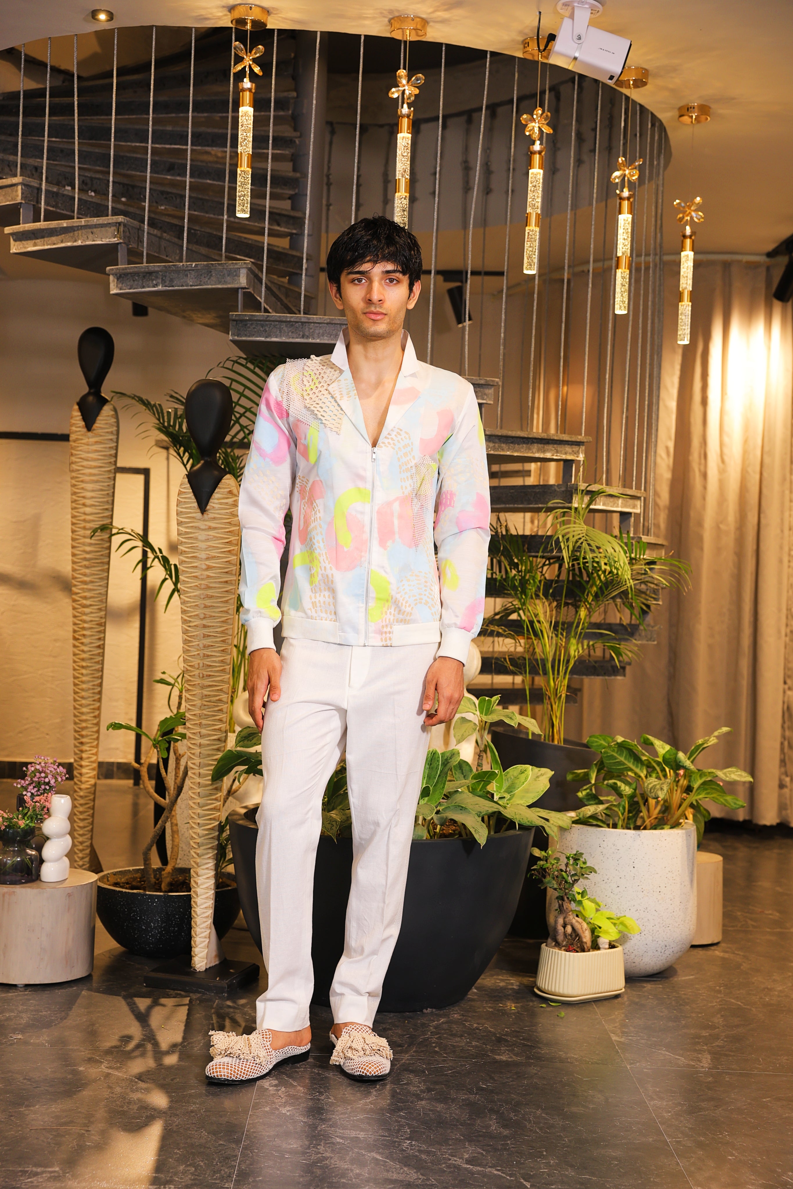 white hand painted crochet embroidered bomber shirt