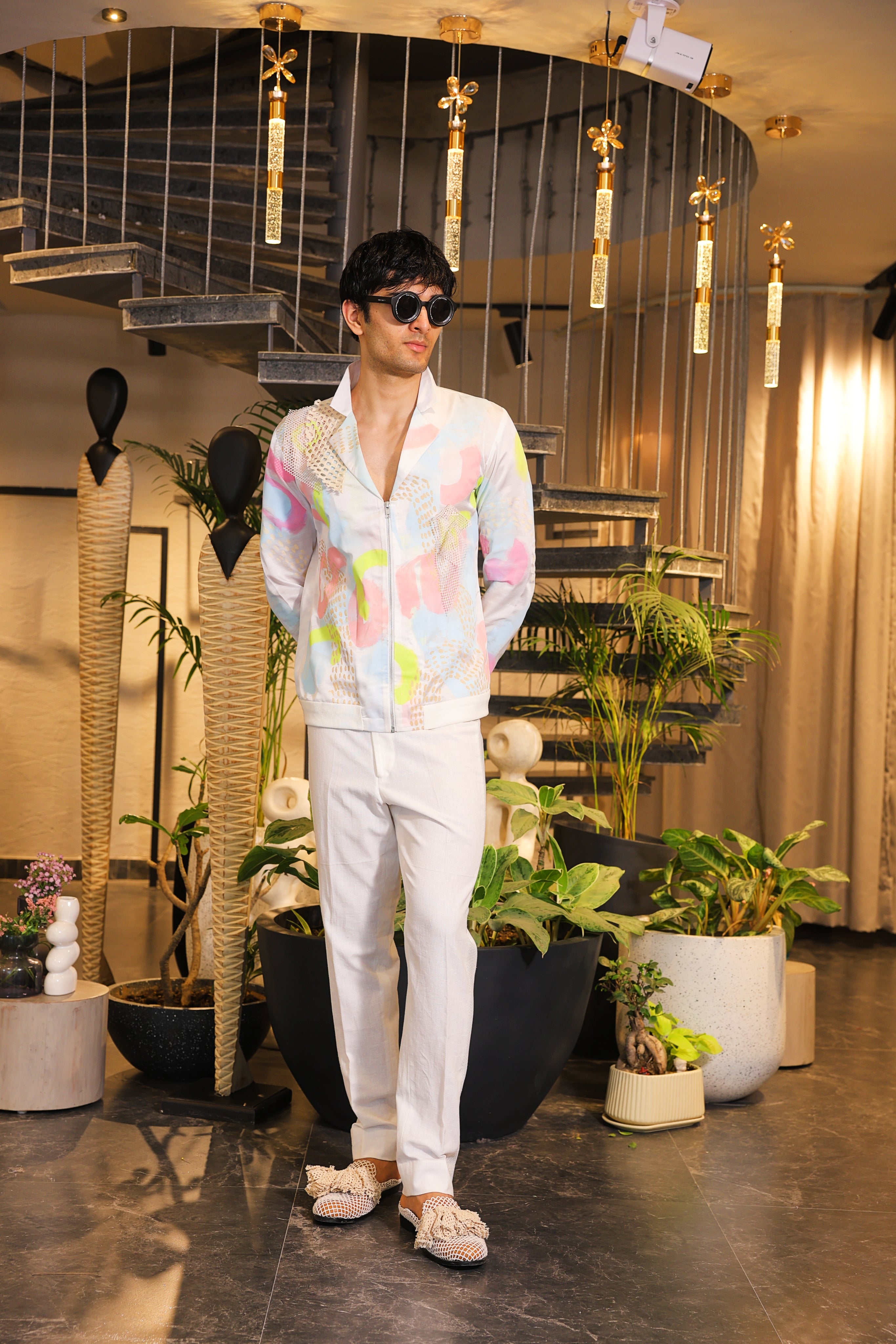 white hand painted crochet embroidered bomber shirt