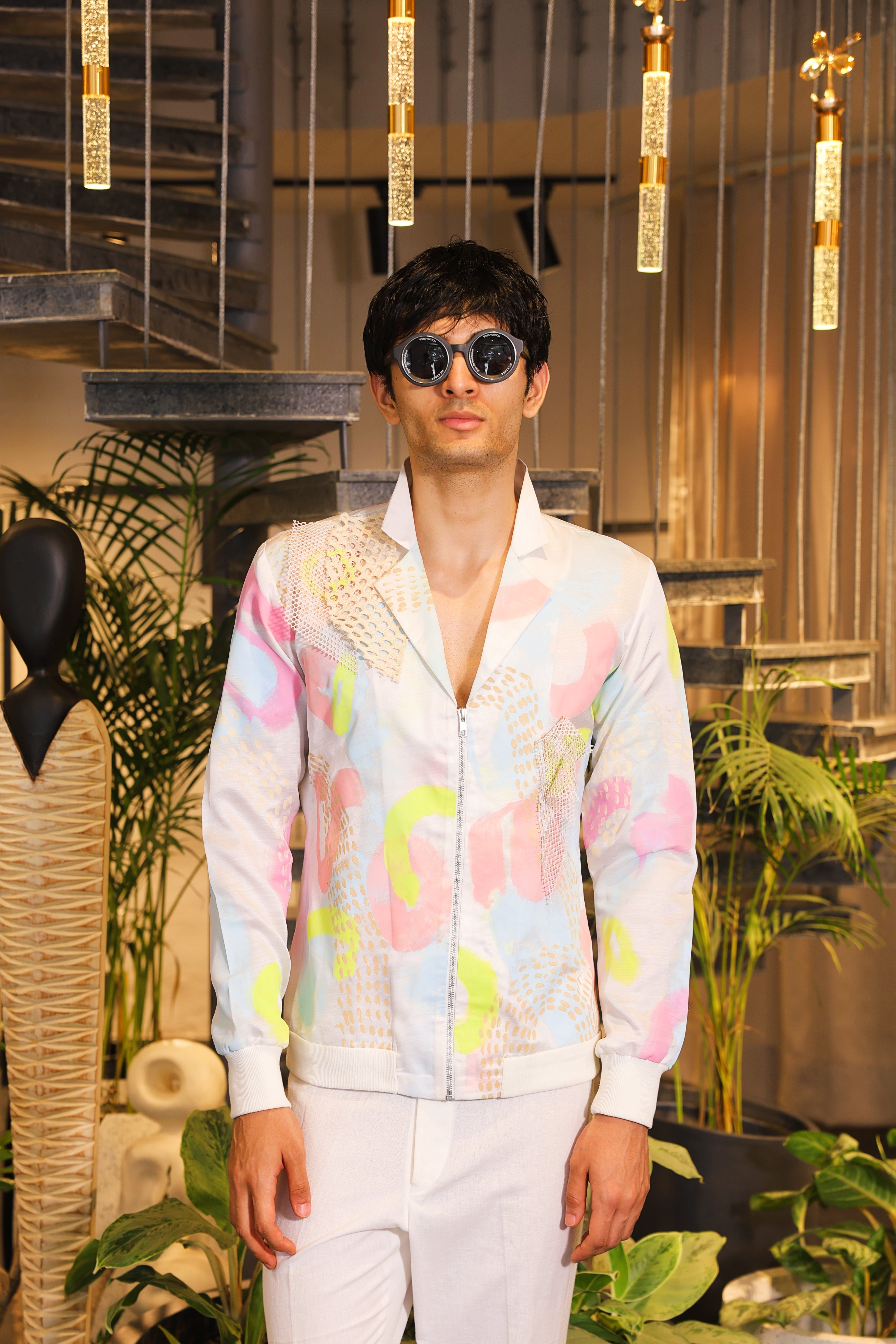 white hand painted crochet embroidered bomber shirt