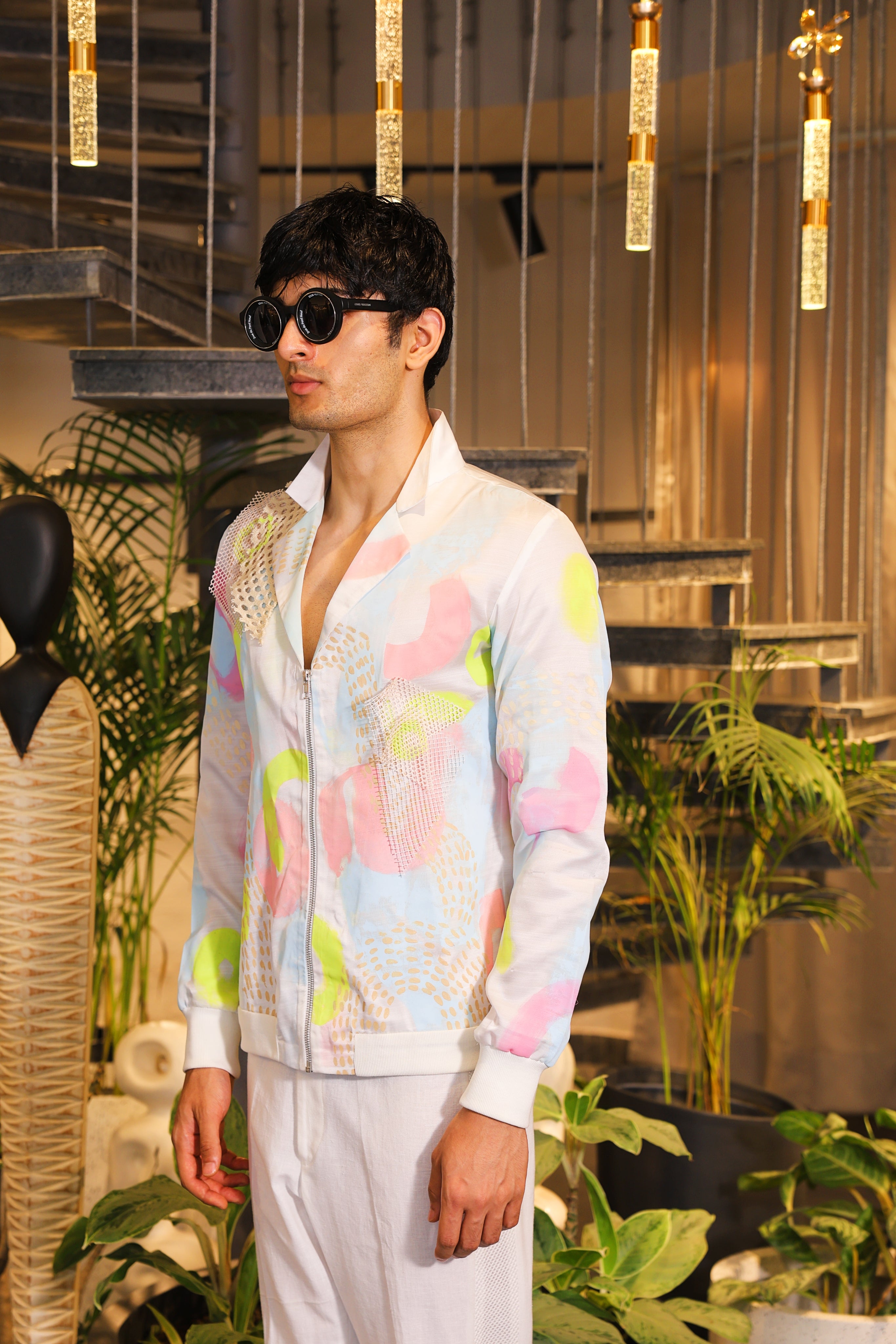 white hand painted crochet embroidered bomber shirt