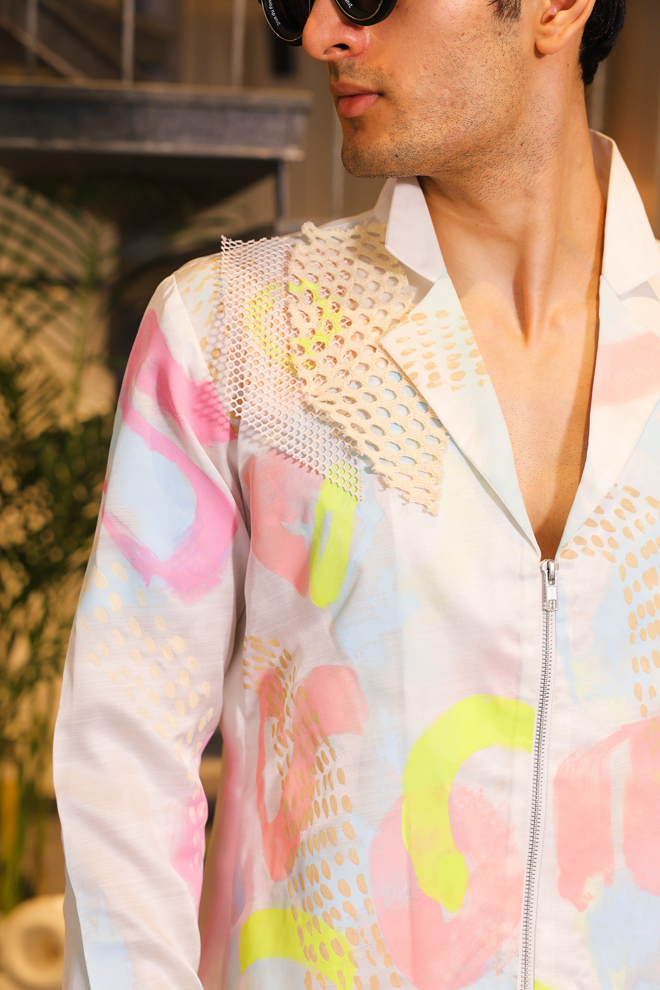 white hand painted crochet embroidered bomber shirt