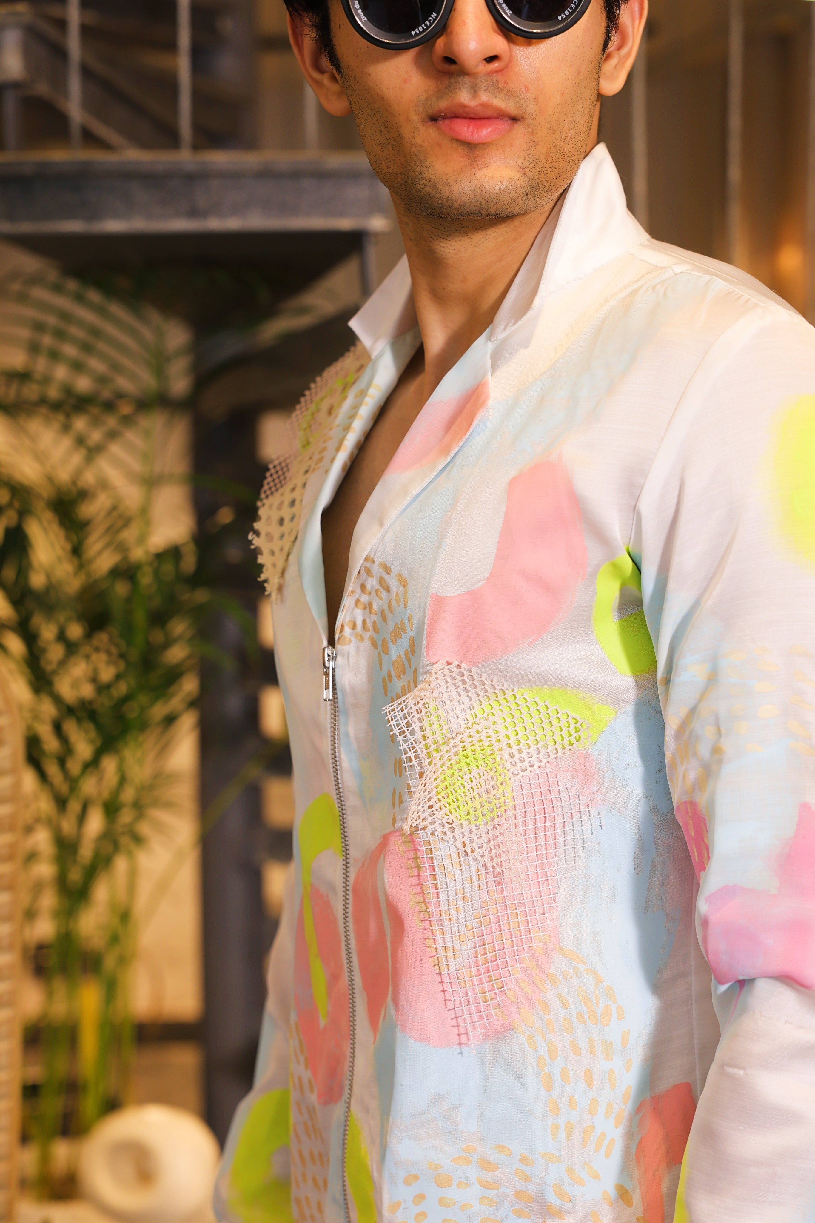white hand painted crochet embroidered bomber shirt