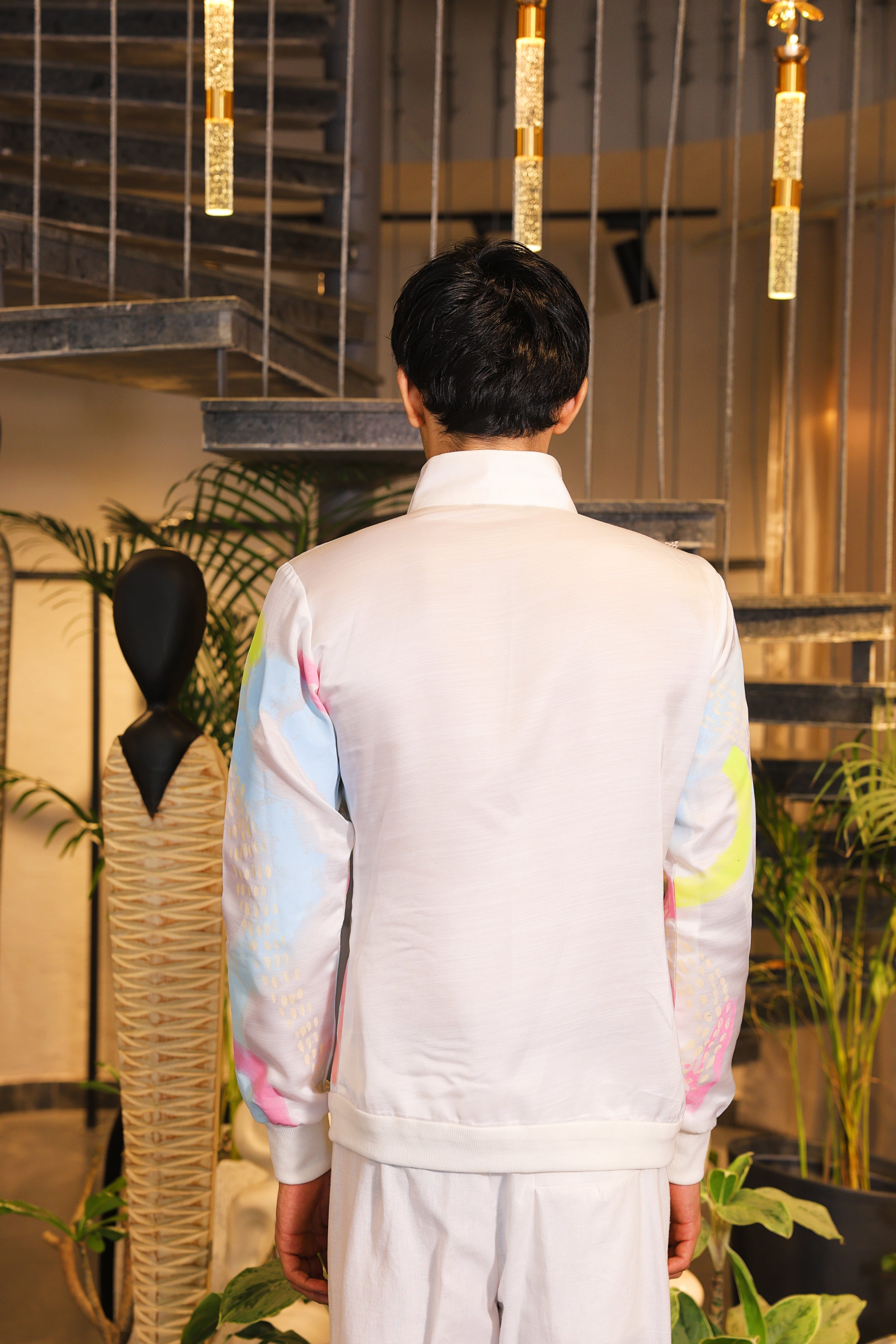 white hand painted crochet embroidered bomber shirt