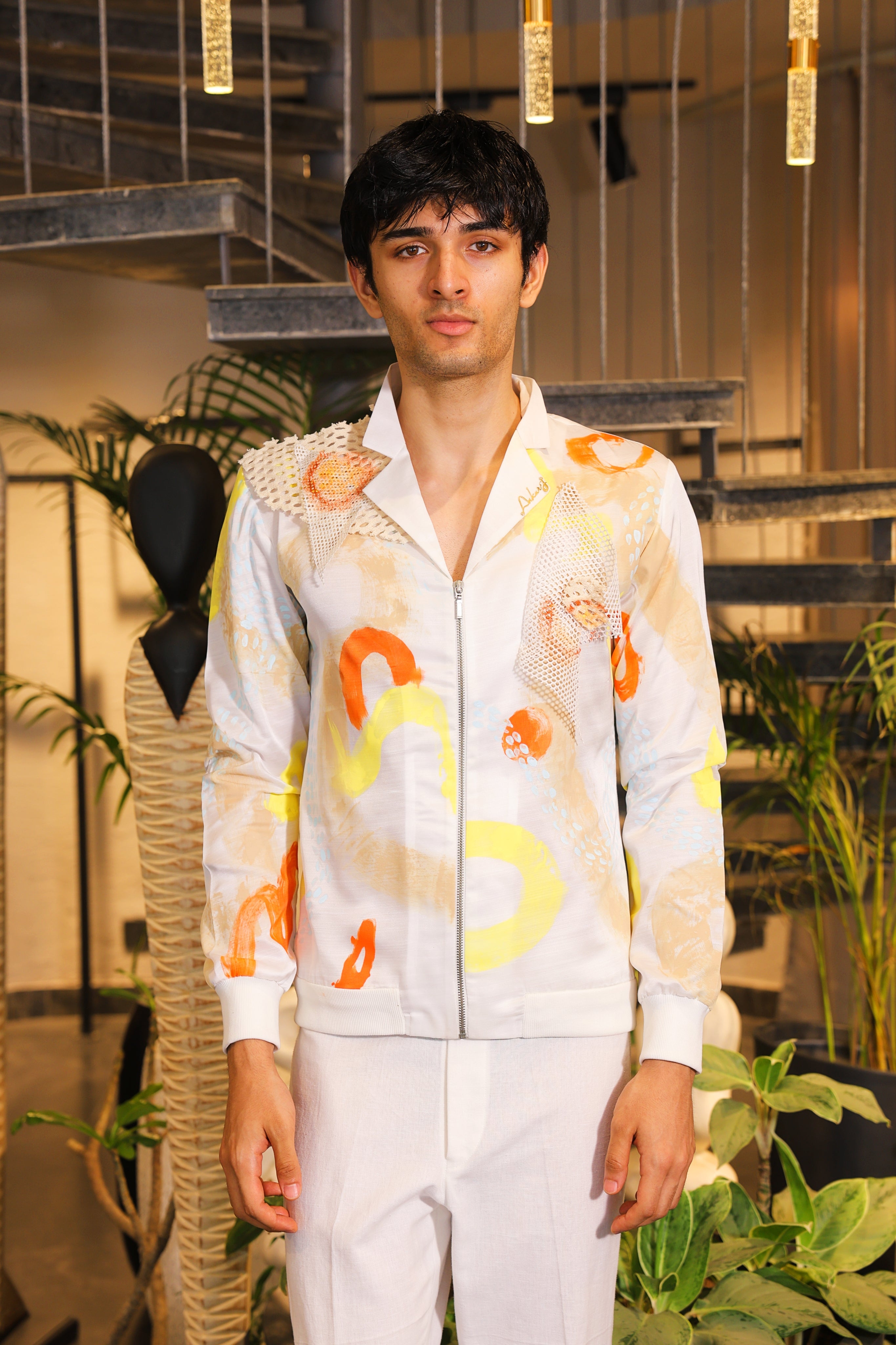 White hand painted crochet embroidered bomber shirt