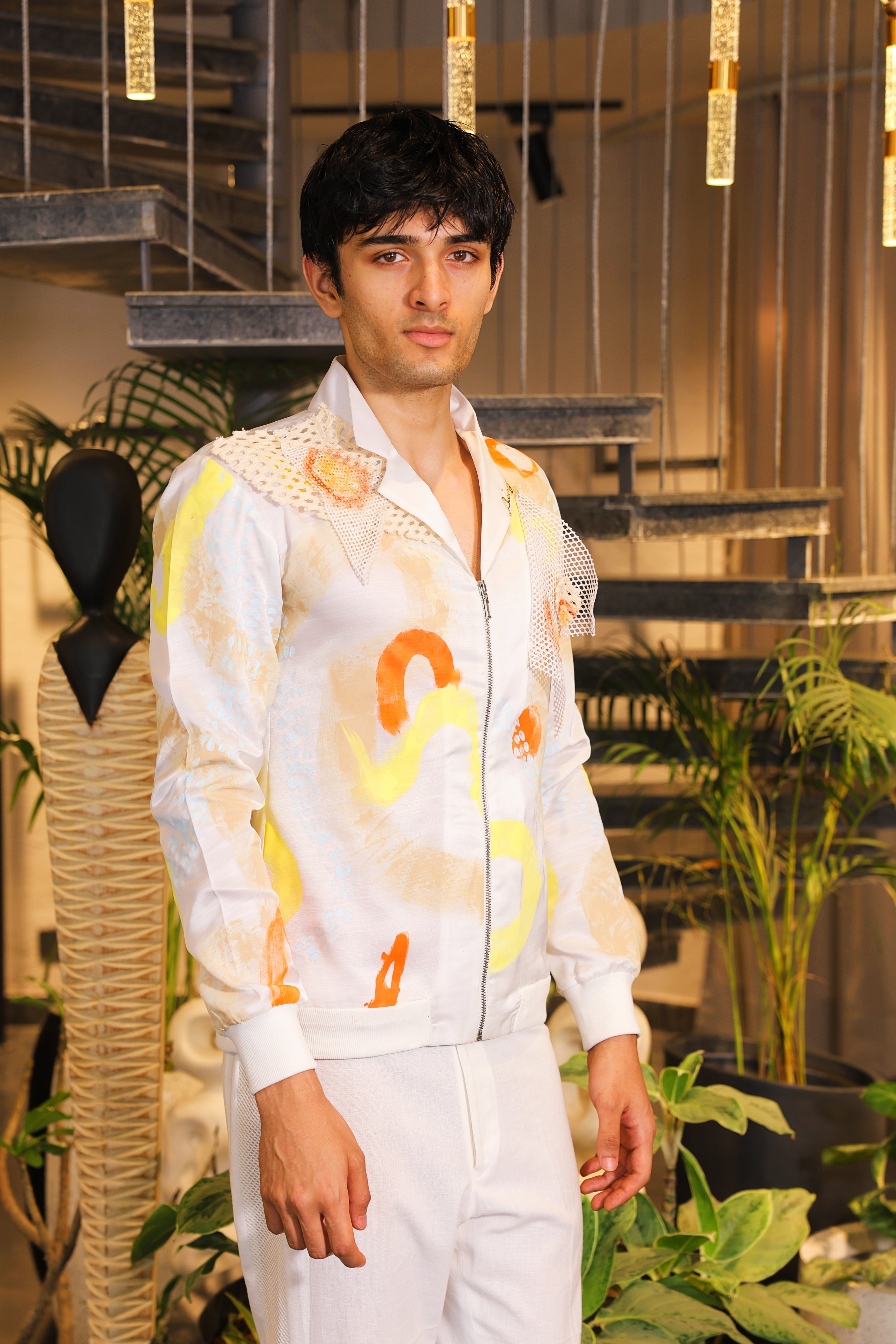 White hand painted crochet embroidered bomber shirt