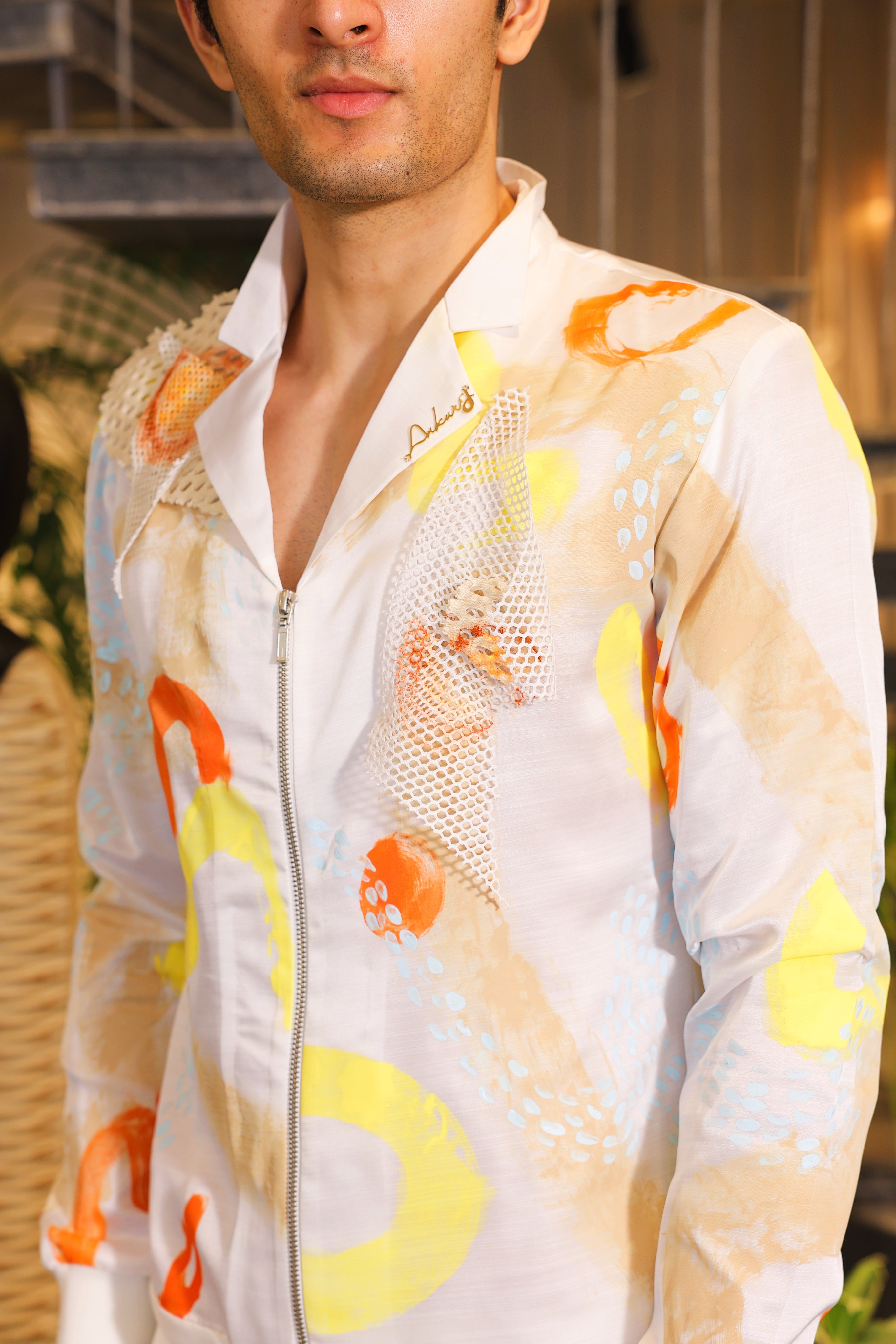 White hand painted crochet embroidered bomber shirt