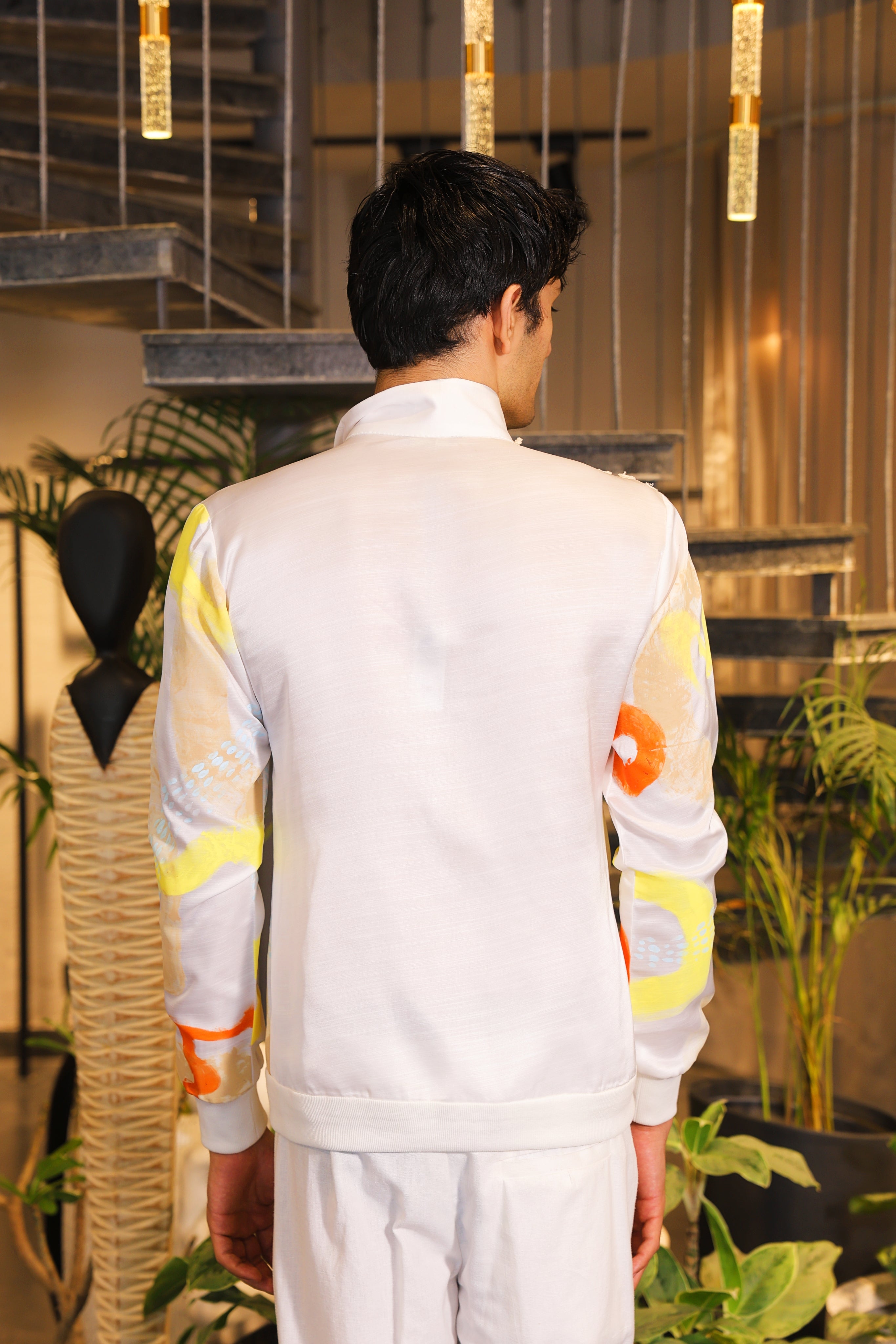 White hand painted crochet embroidered bomber shirt