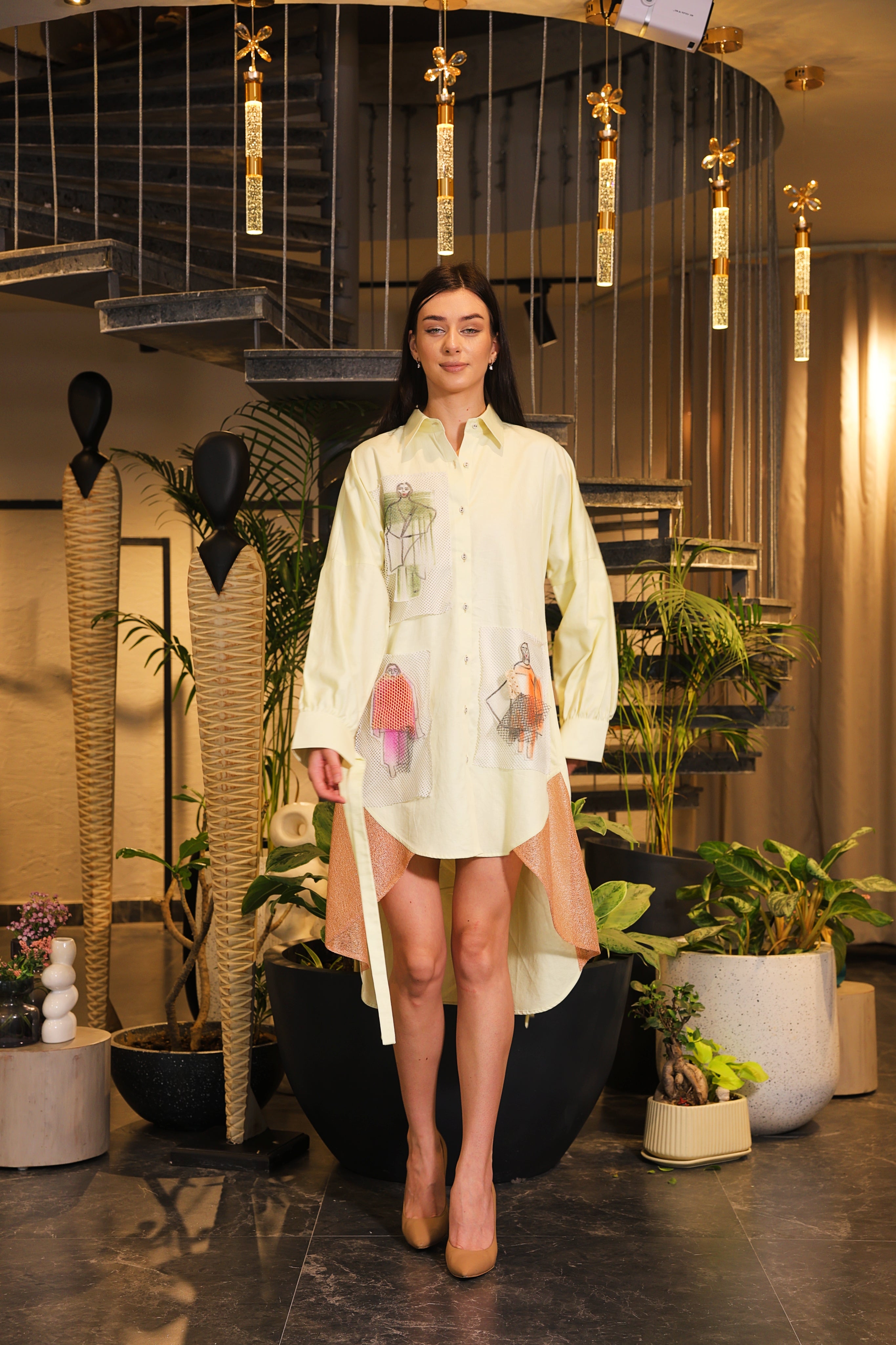 Butter yellow hand painted shirt dress