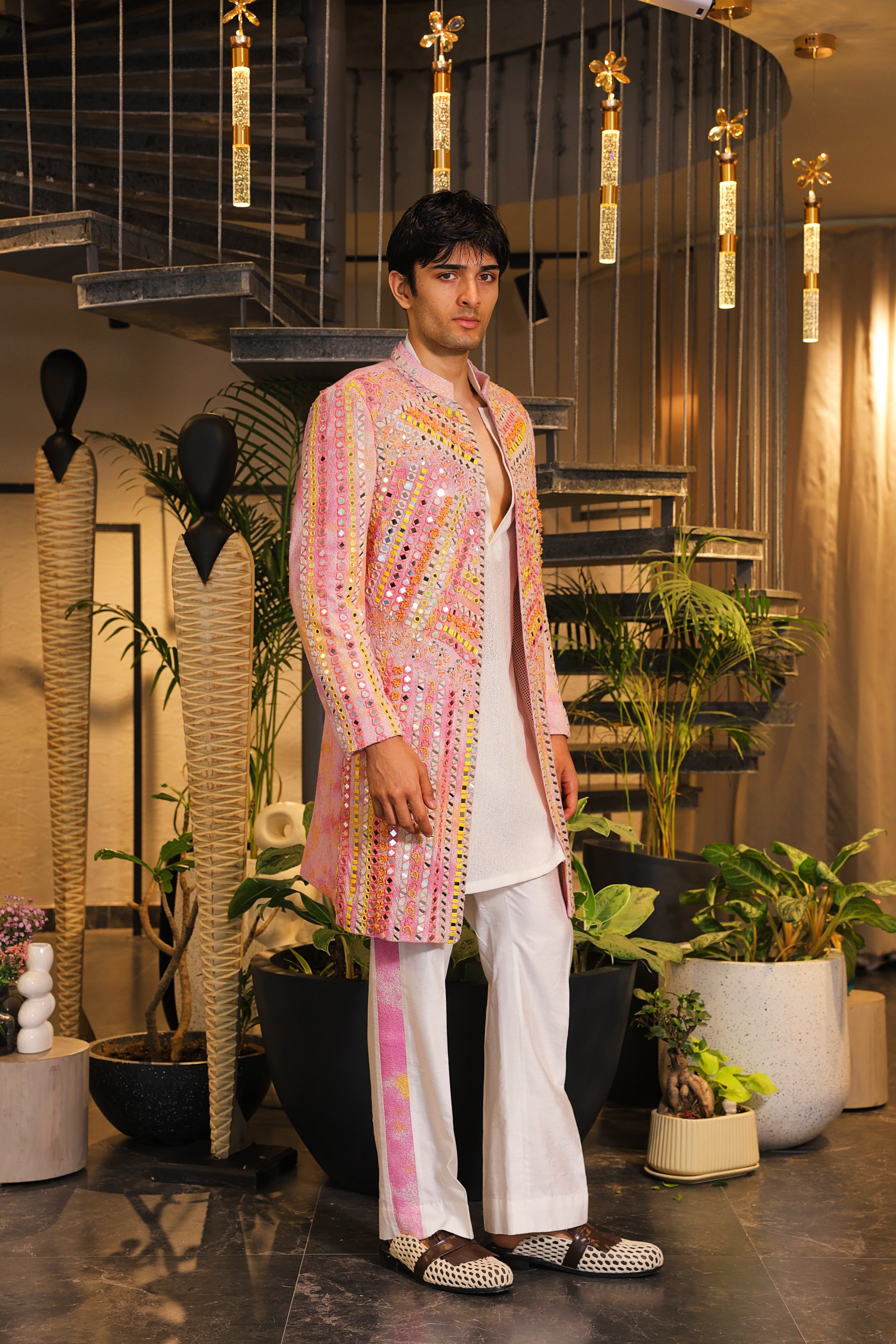 Pink tie-dye mirror work ind-western