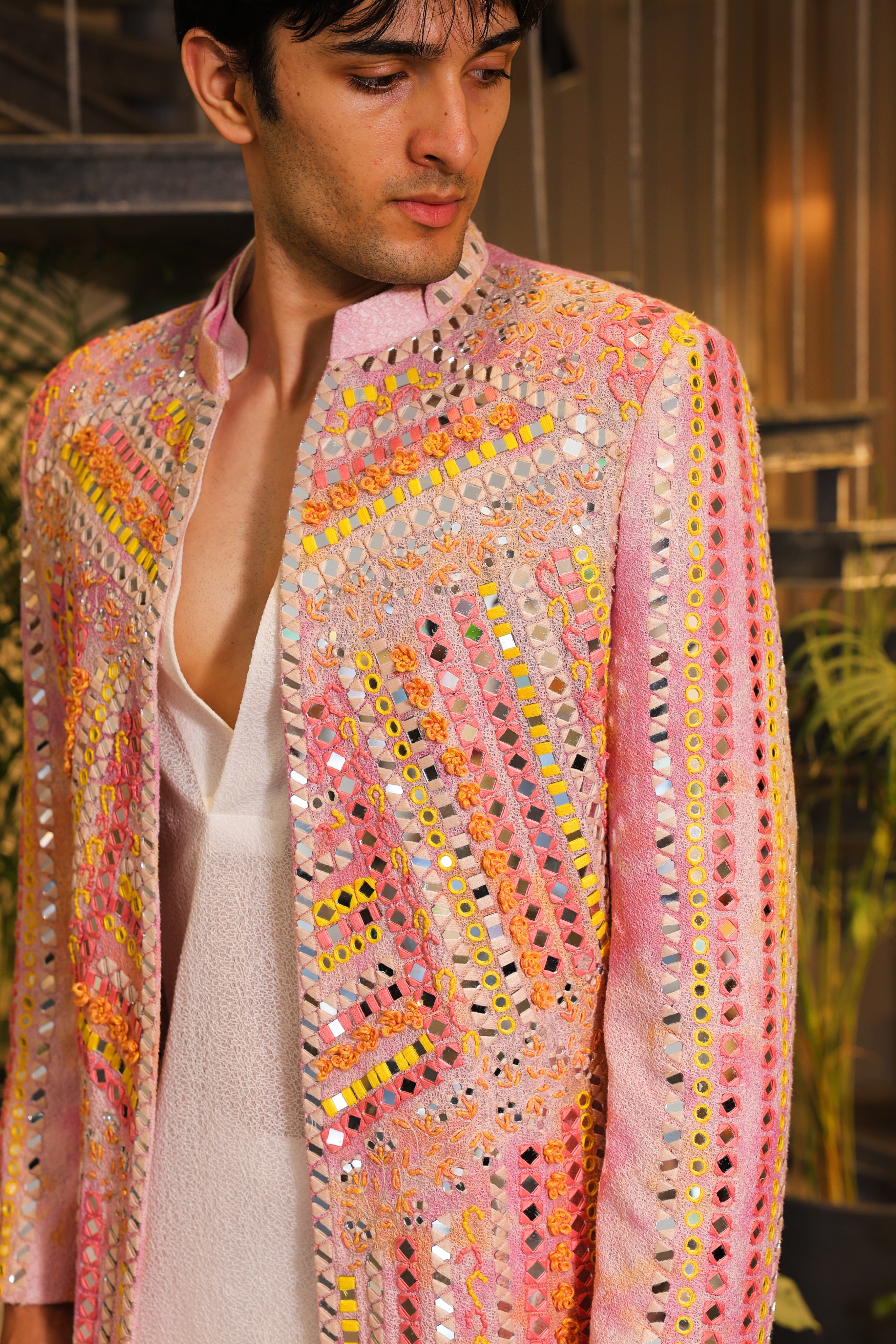 Pink tie-dye mirror work ind-western