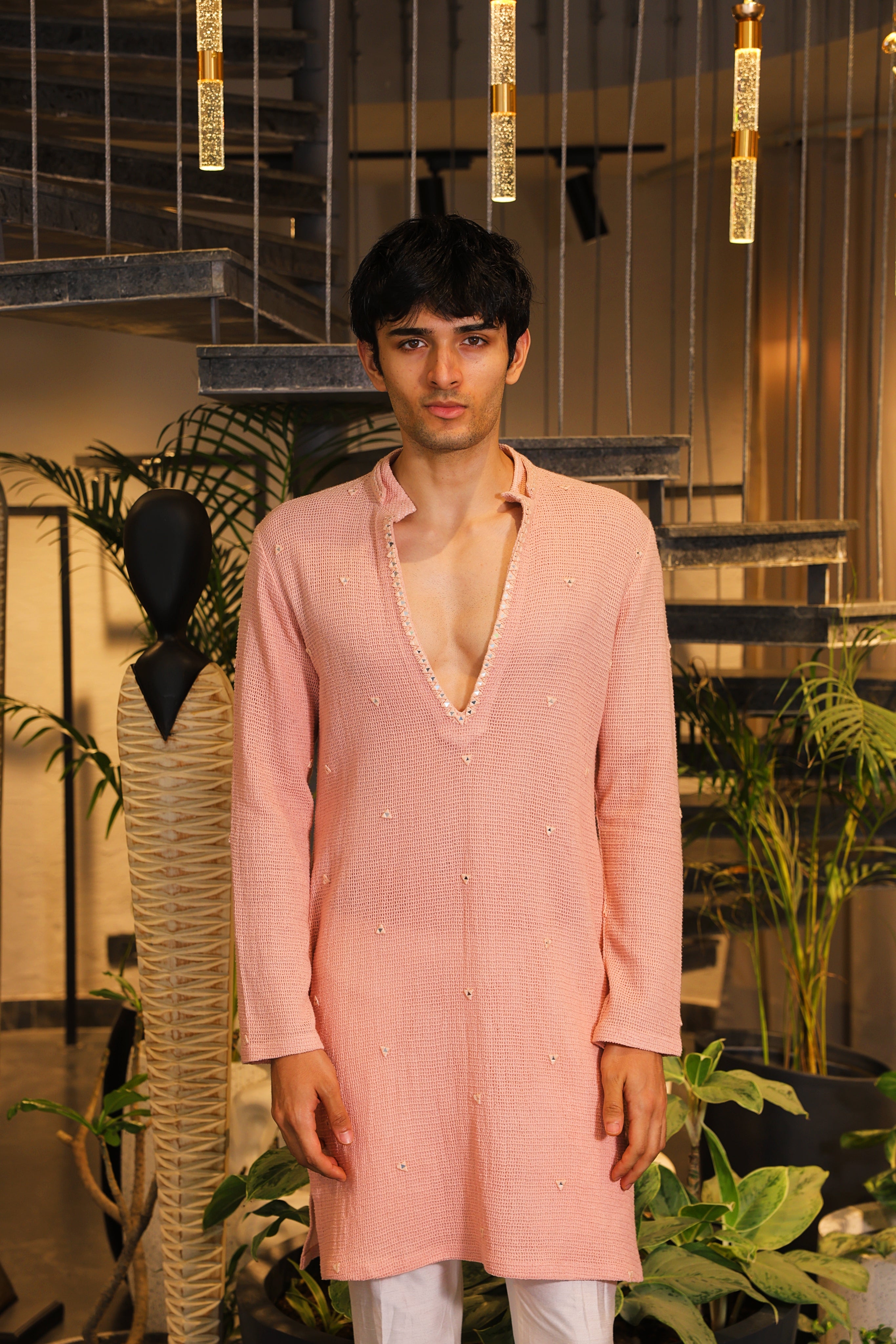 Peach crochet mirror work kurta with pants