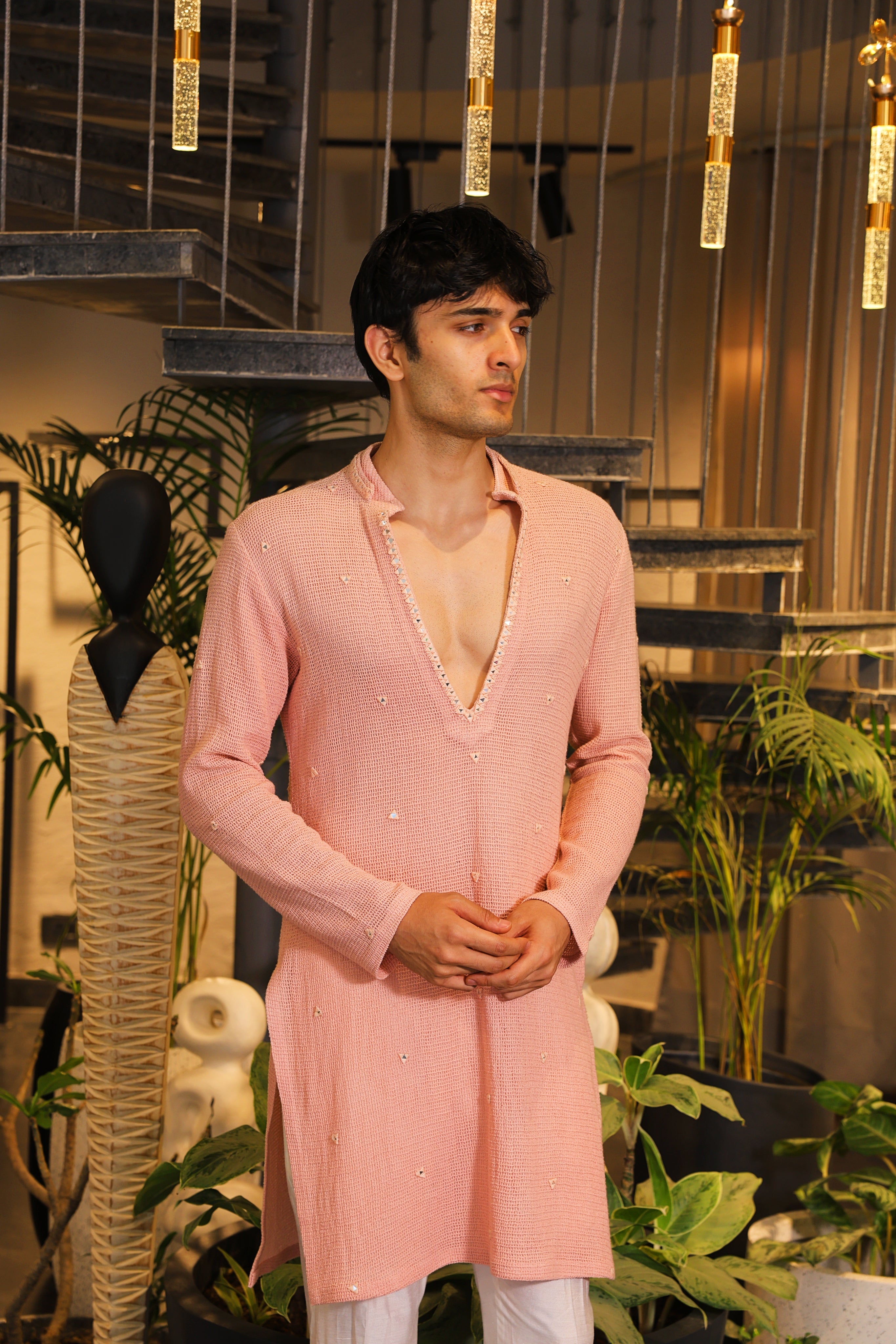 Peach crochet mirror work kurta with pants