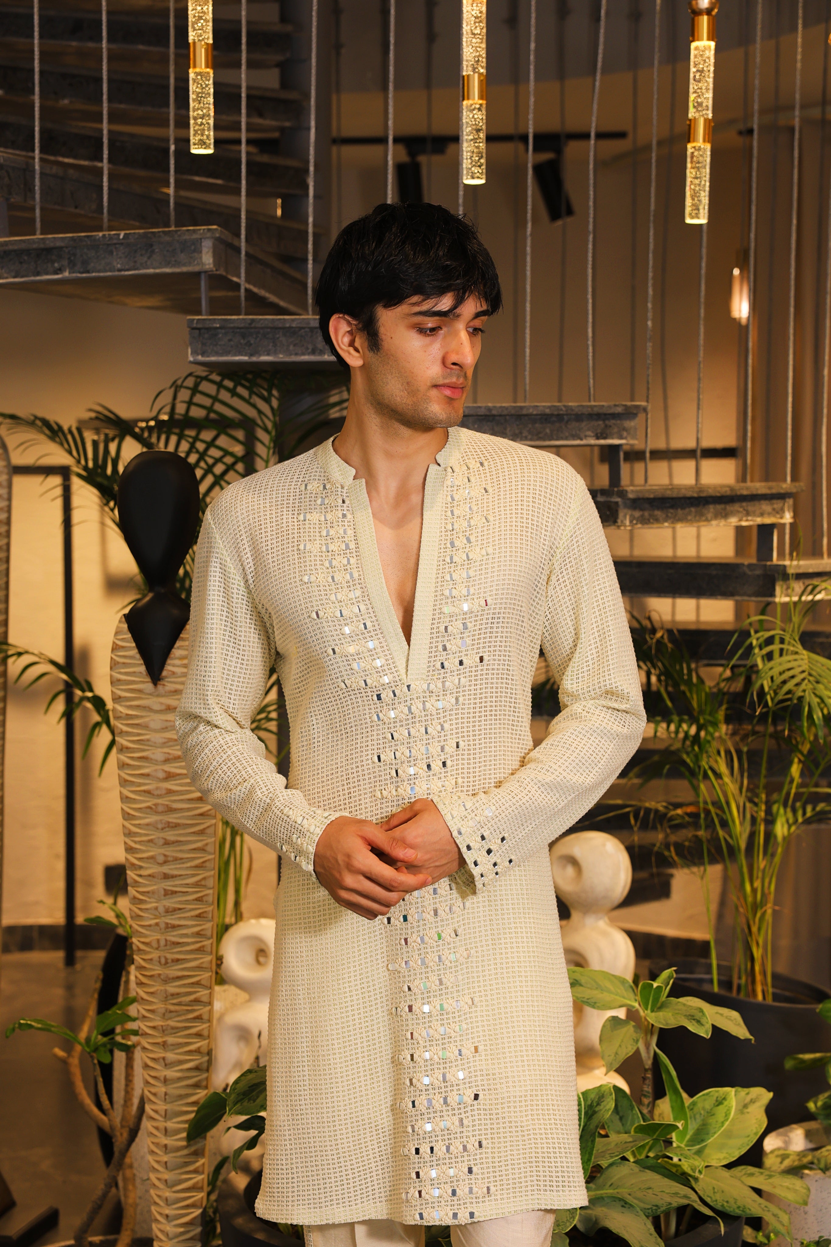 Minty ivory mirror work crochet kurta and pants