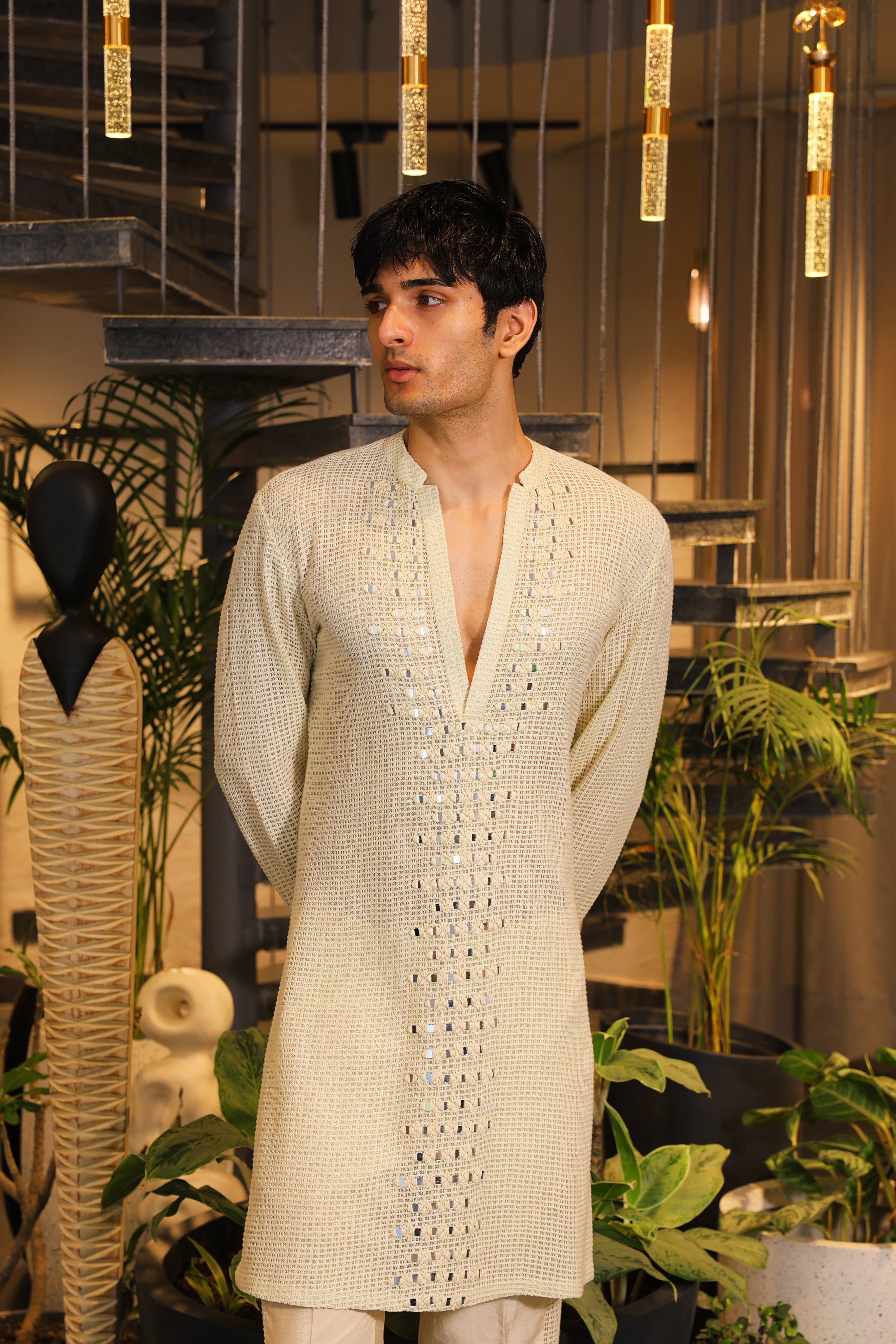 Minty ivory mirror work crochet kurta and pants