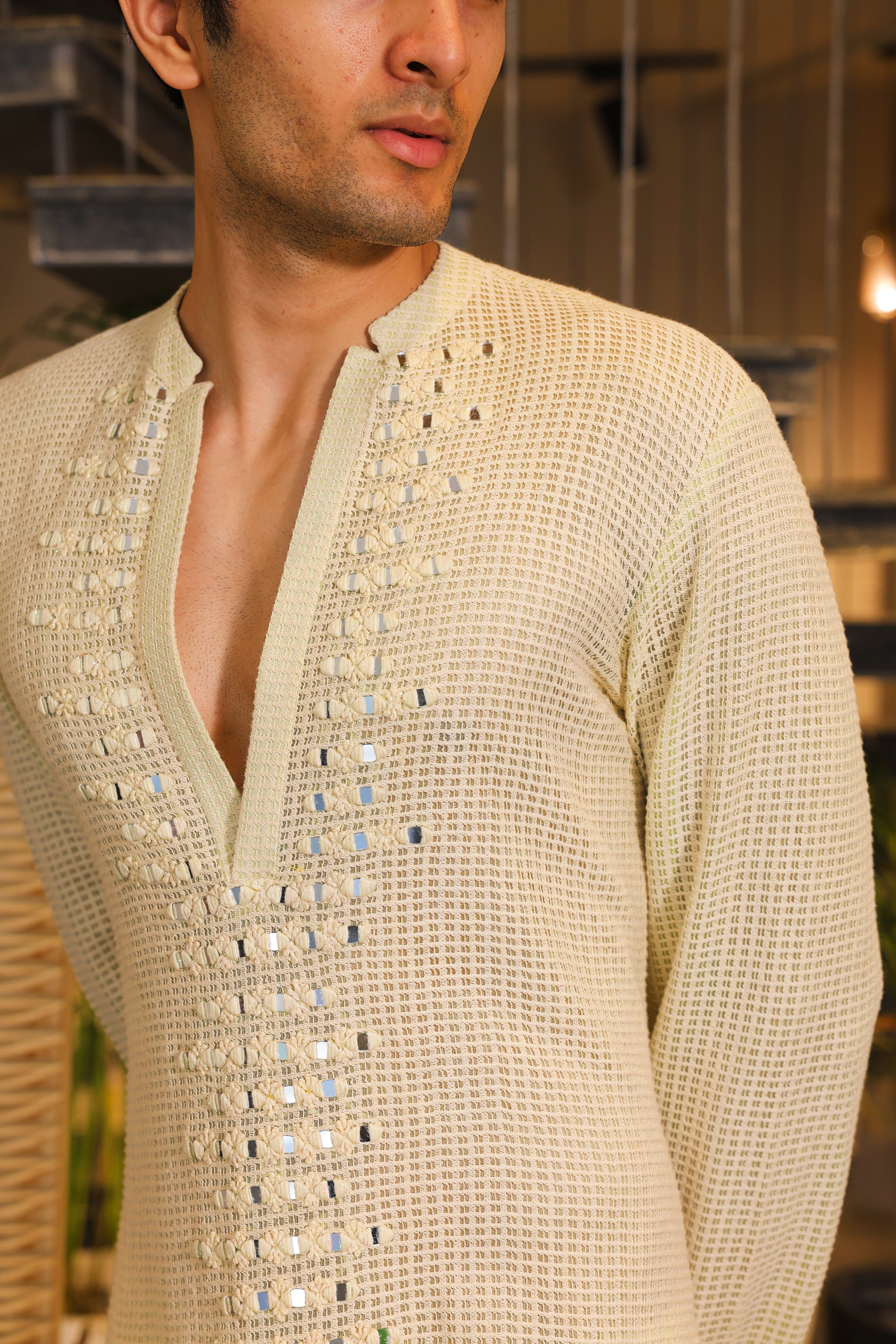 Minty ivory mirror work crochet kurta and pants