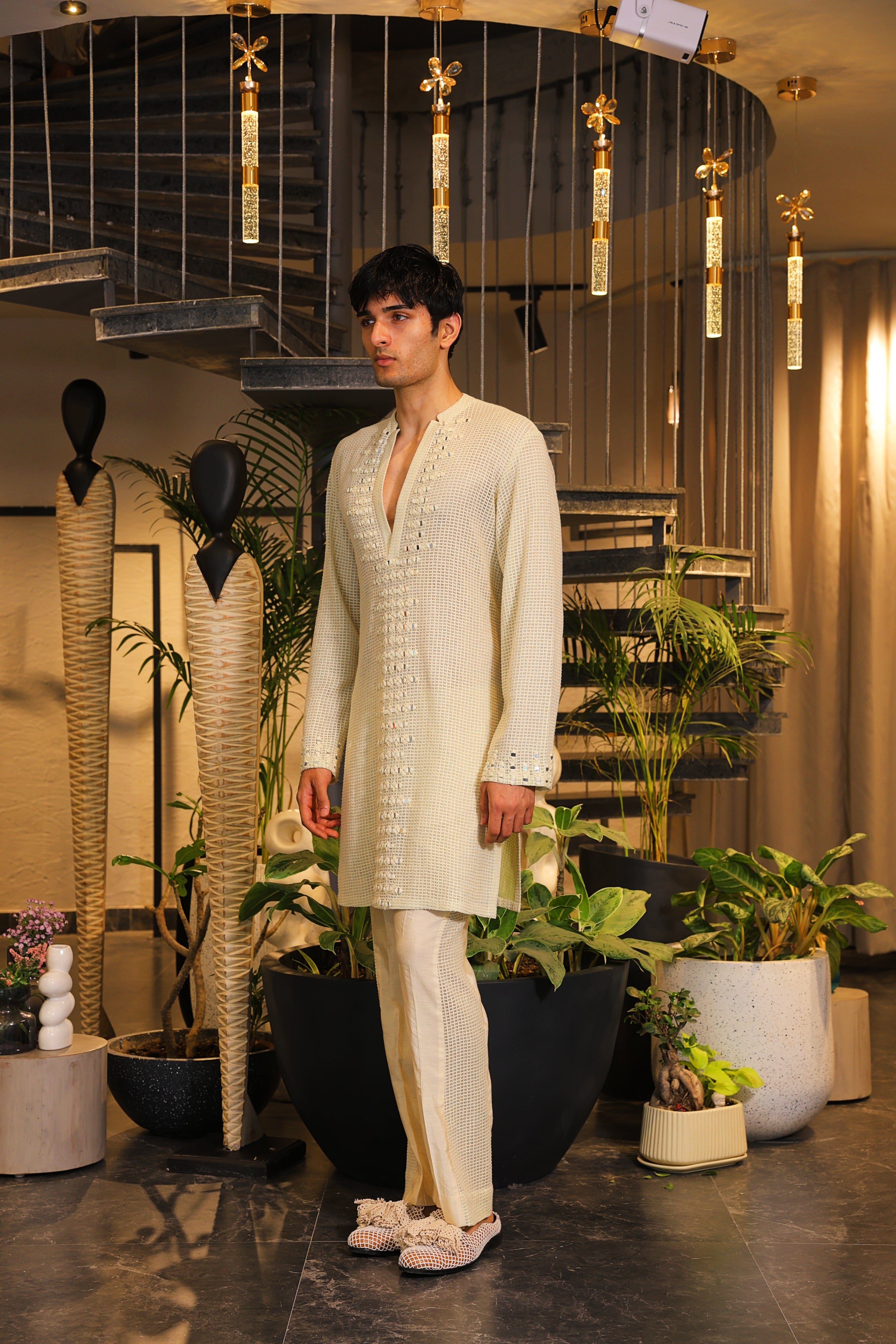 Minty ivory mirror work crochet kurta and pants