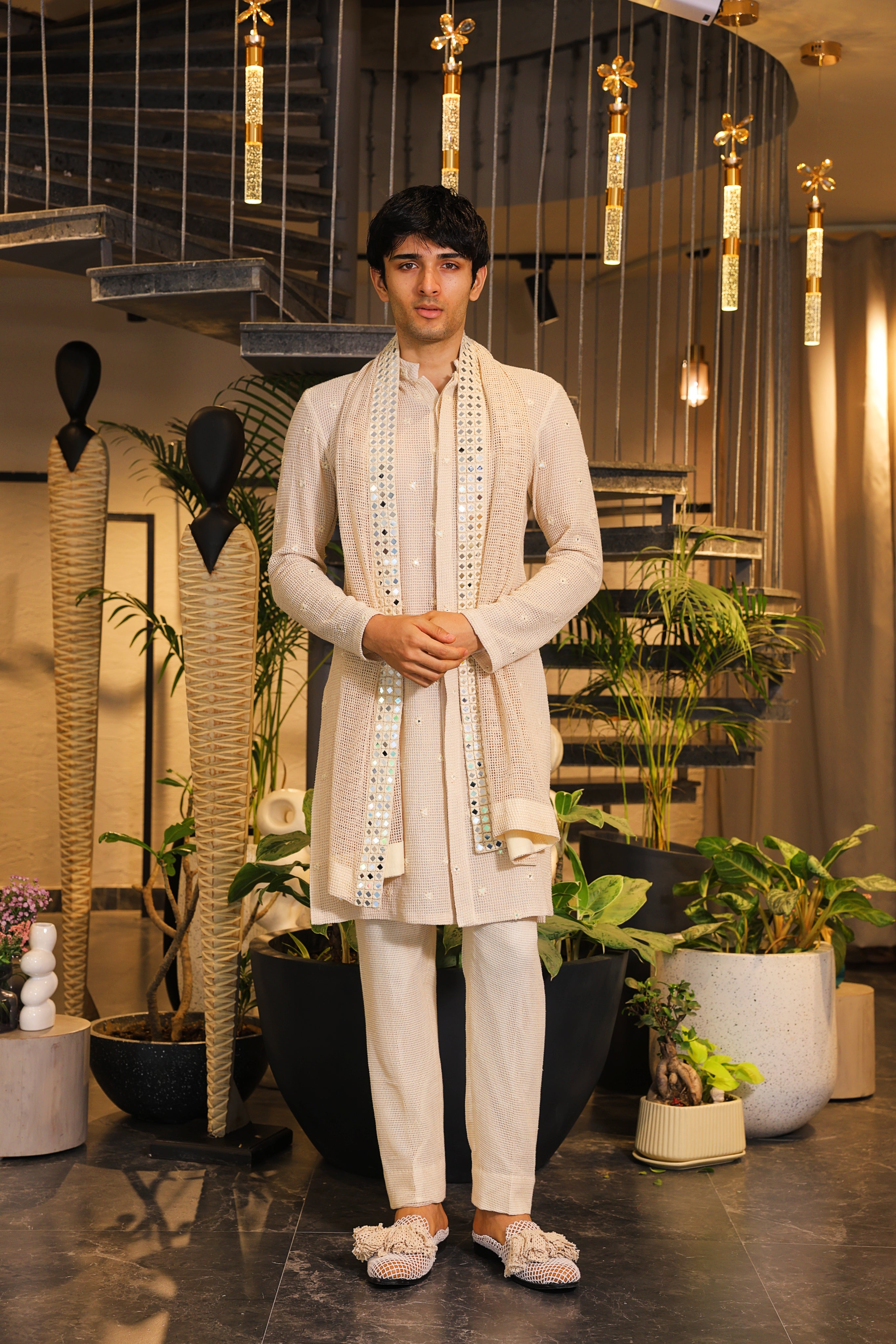 Ivory beige crochet bandgala kurta with mirror work stole and pants
