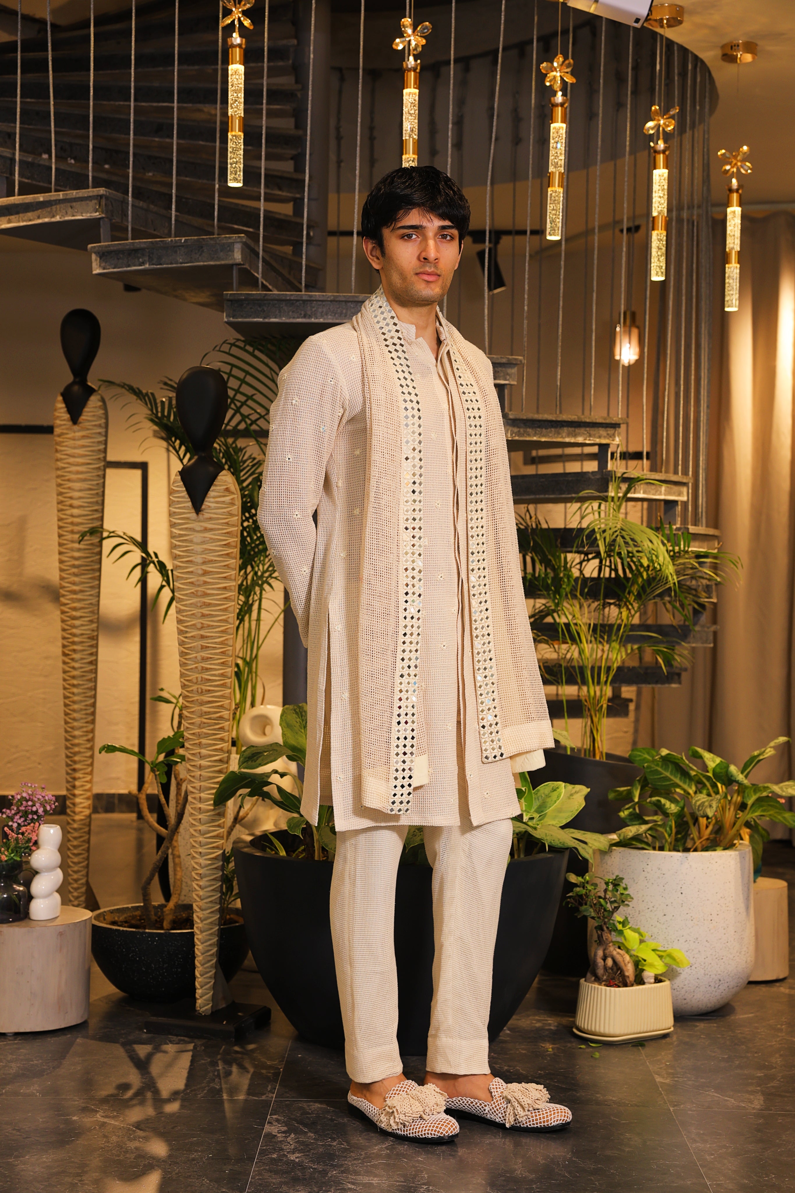 Ivory beige crochet bandgala kurta with mirror work stole and pants