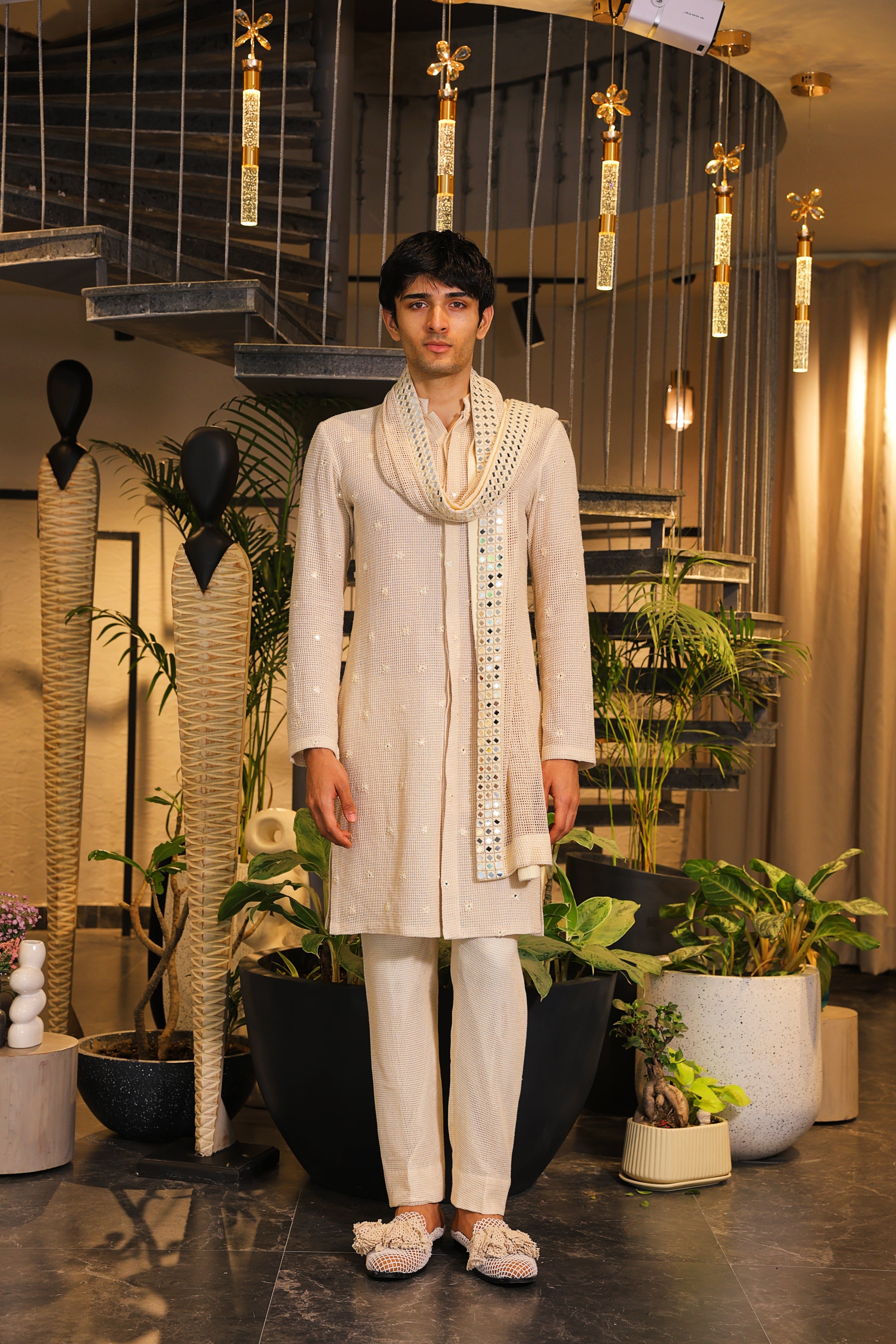 Ivory beige crochet bandgala kurta with mirror work stole and pants