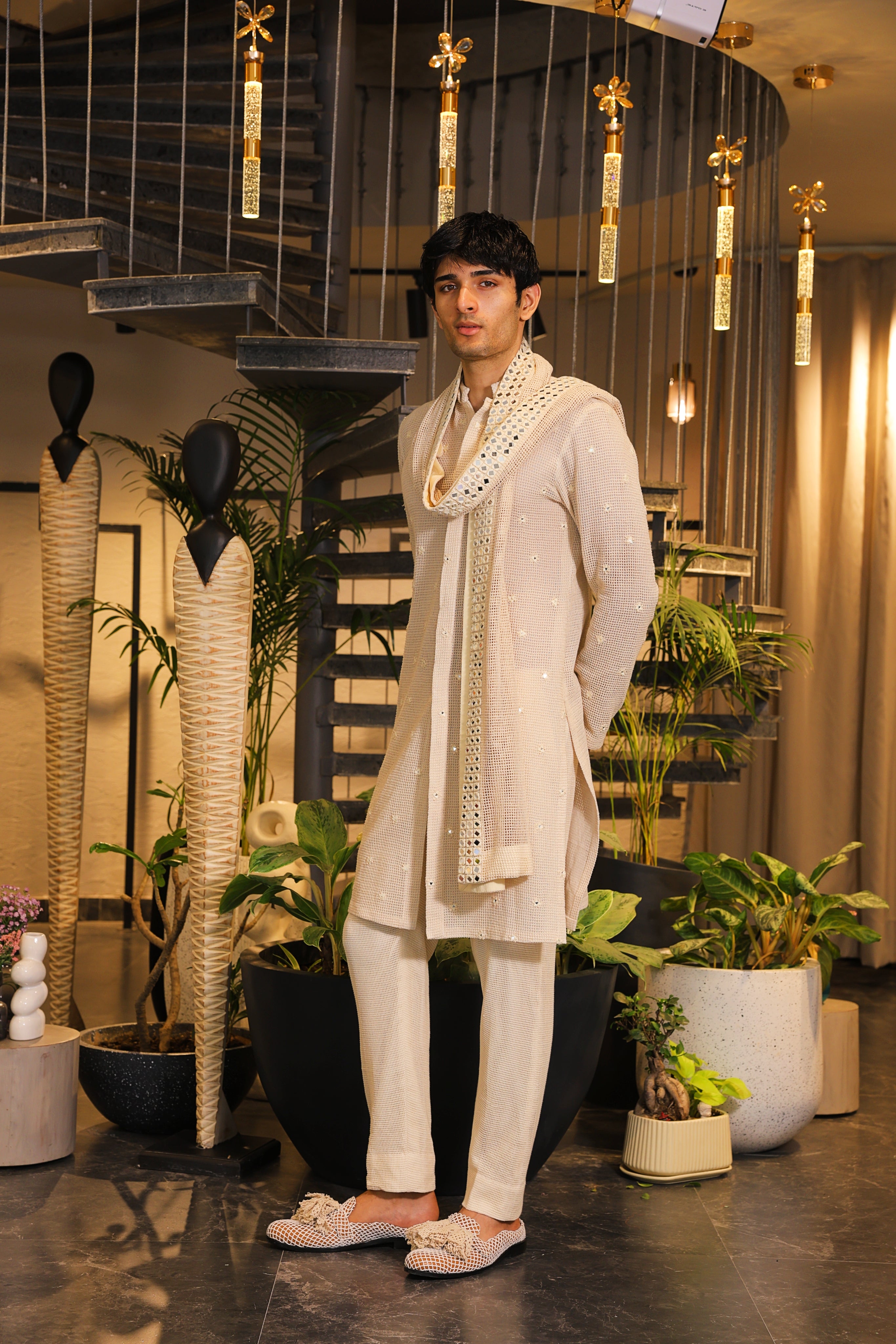 Ivory beige crochet bandgala kurta with mirror work stole and pants