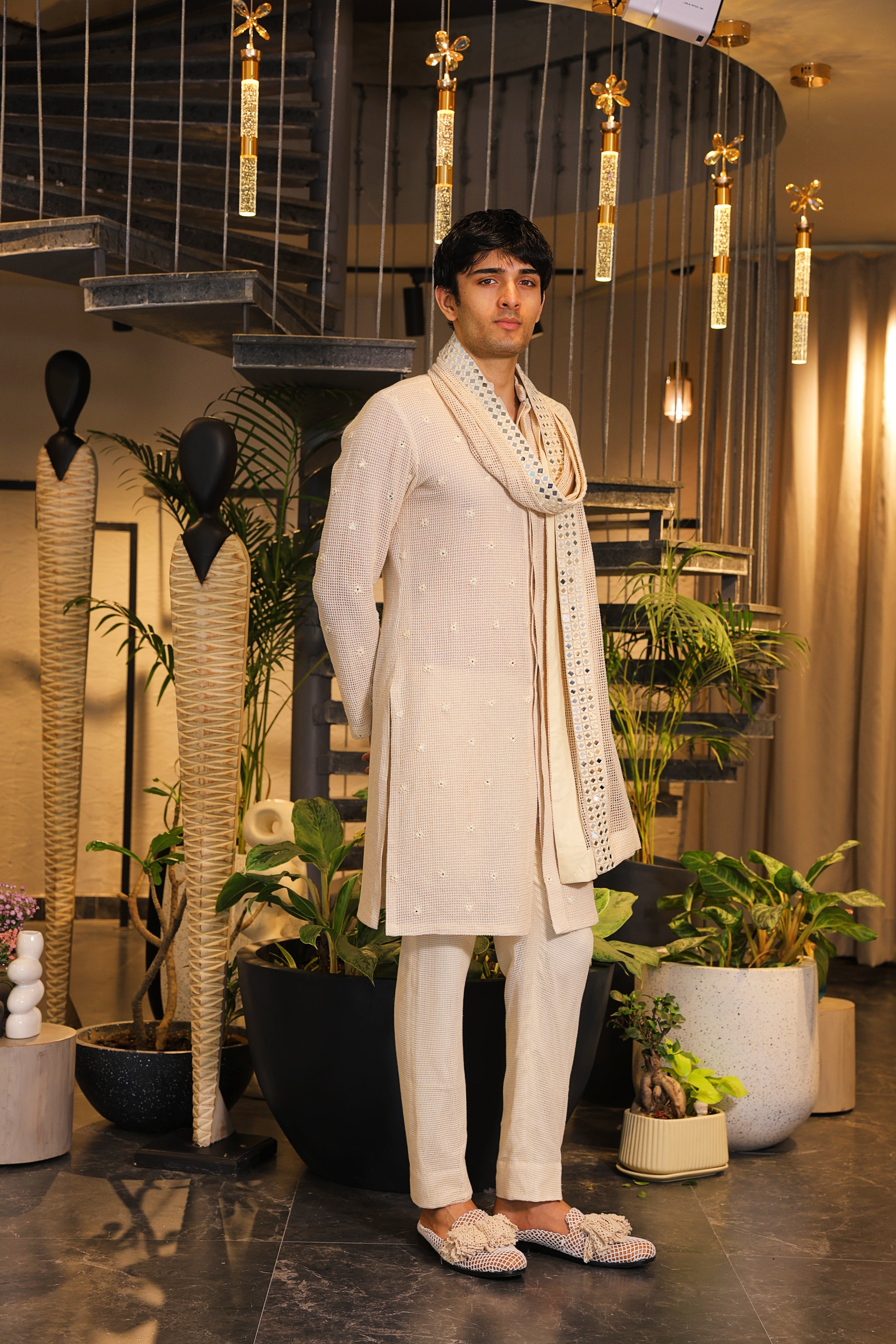 Ivory beige crochet bandgala kurta with mirror work stole and pants