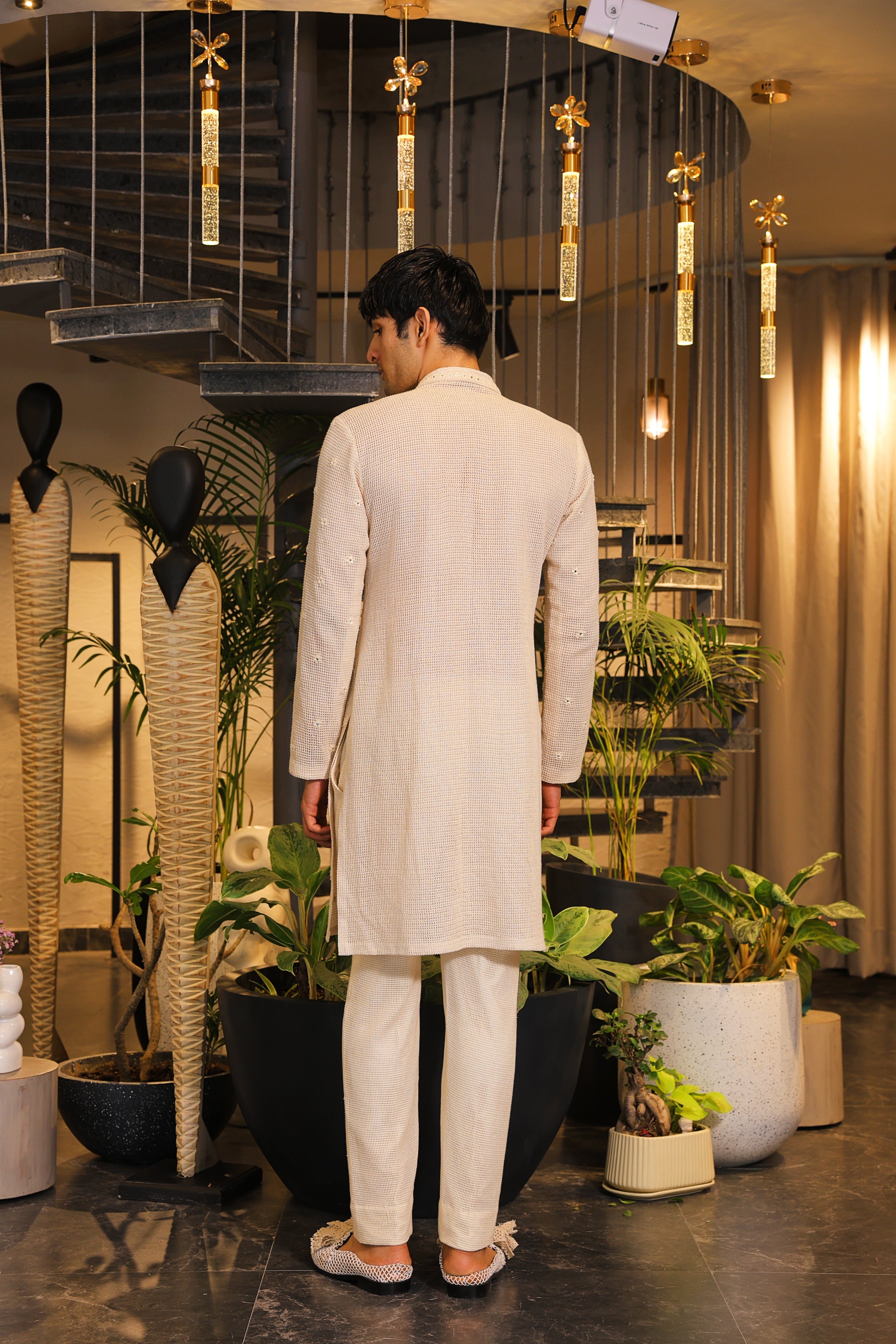Ivory beige crochet bandgala kurta with mirror work stole and pants