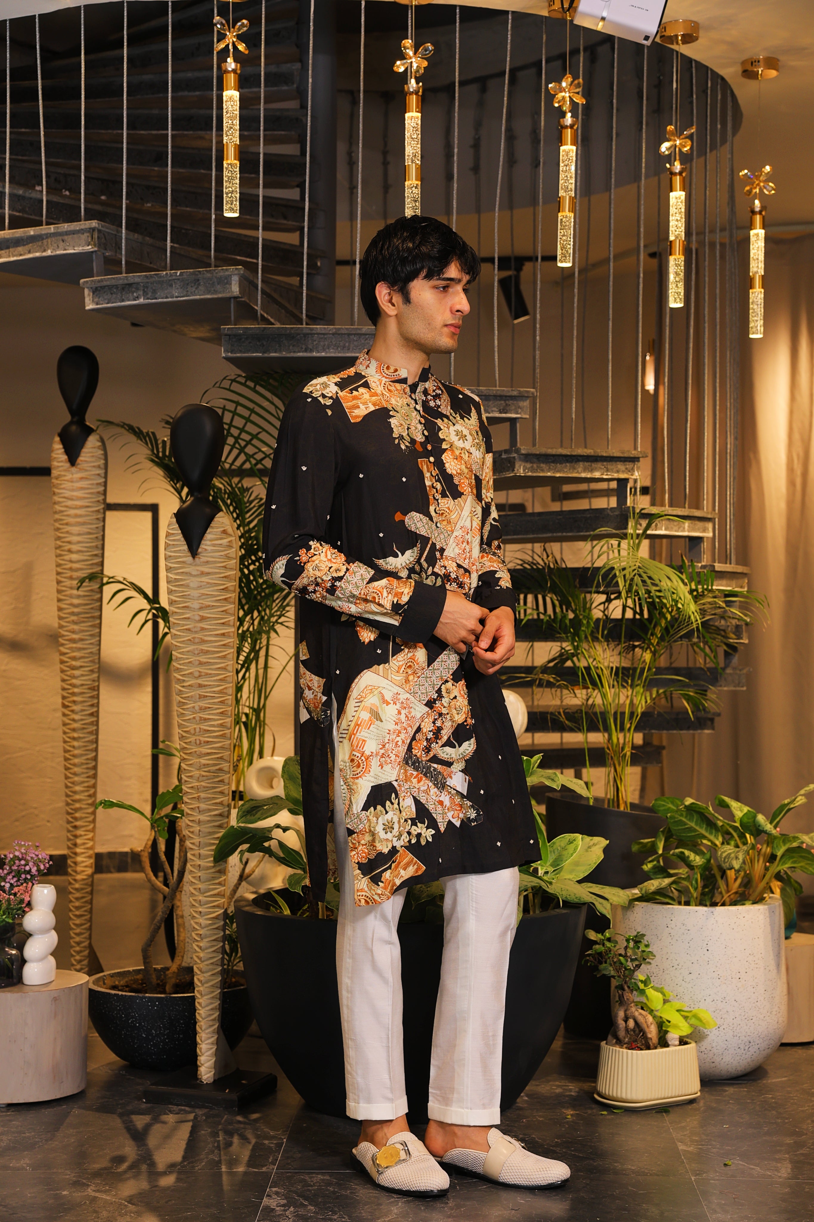 Black printed kurta with pants