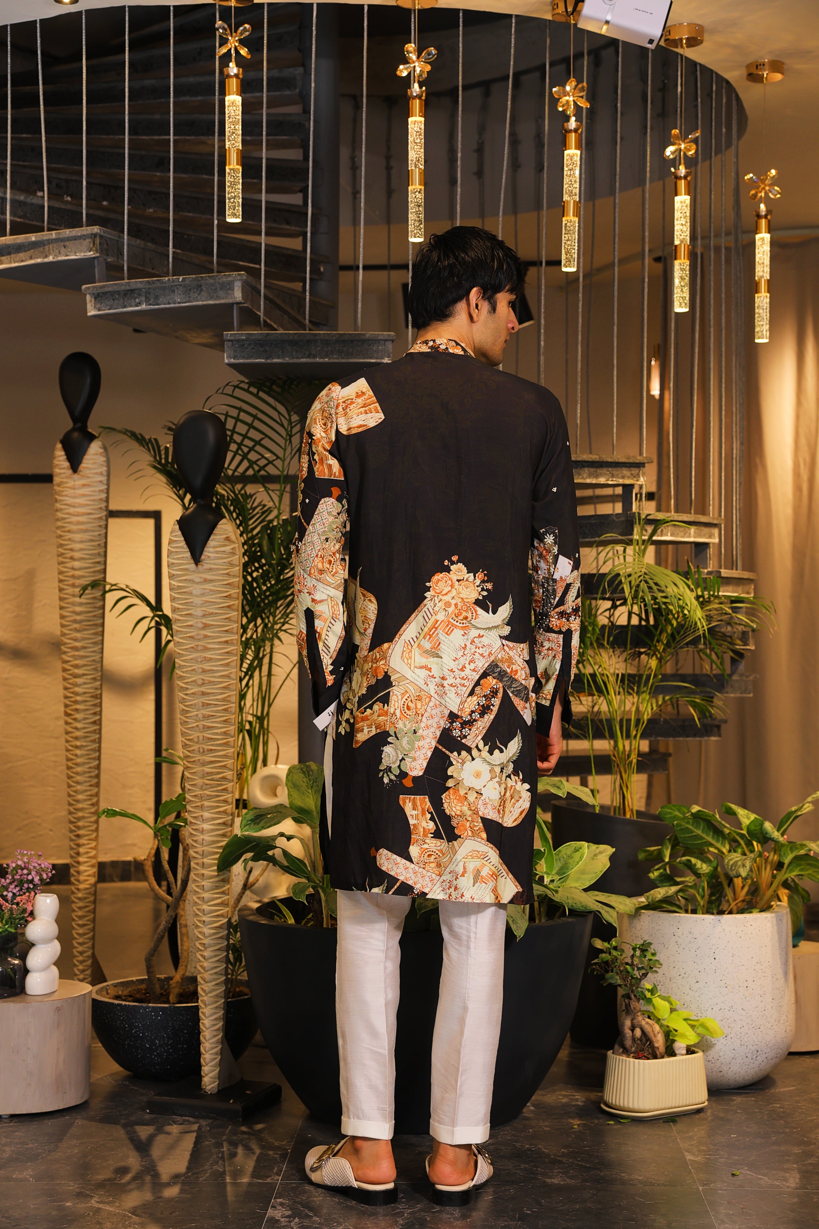 Black printed kurta with pants