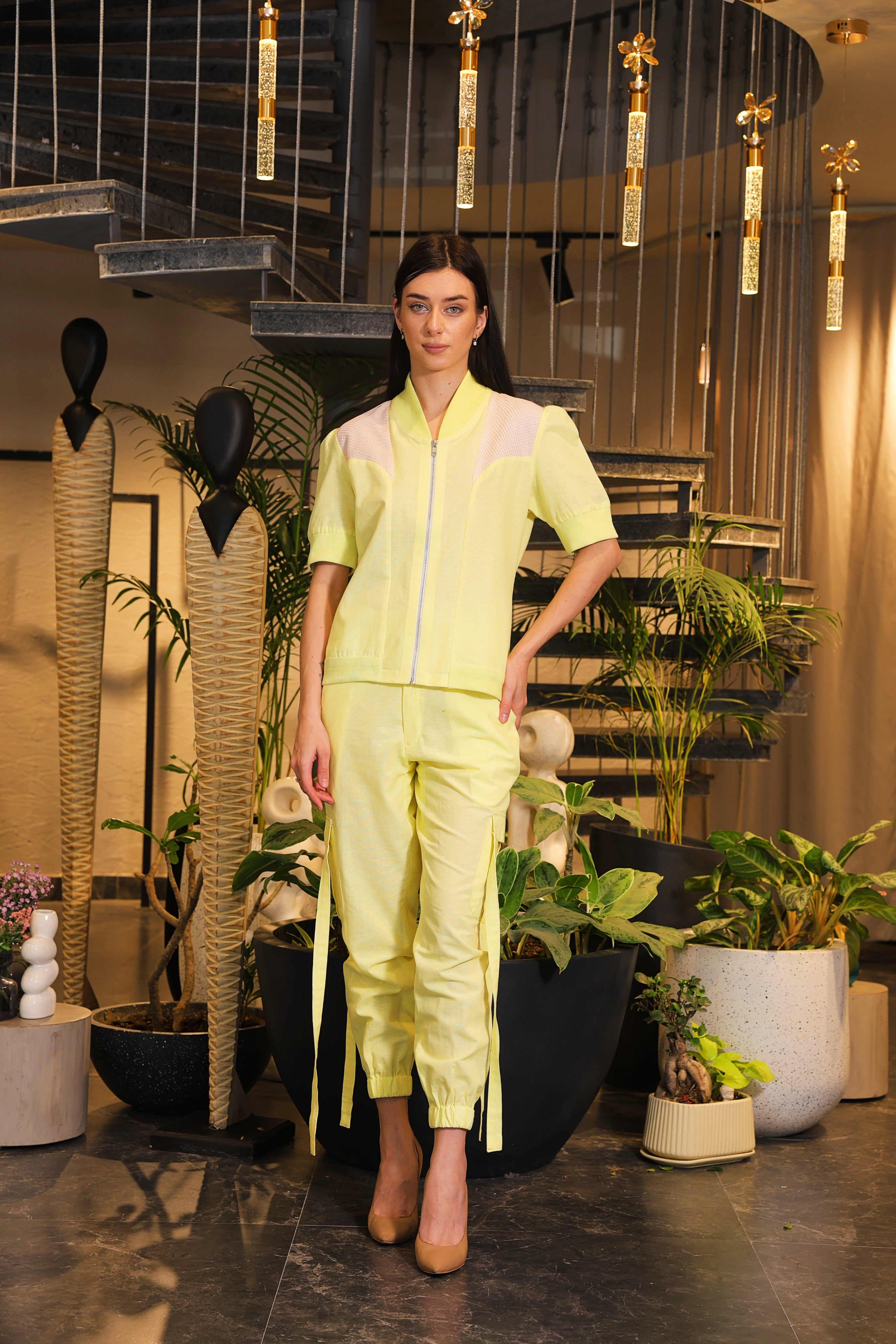 Butter yellow linen bomber shirt and pants with side pockets
