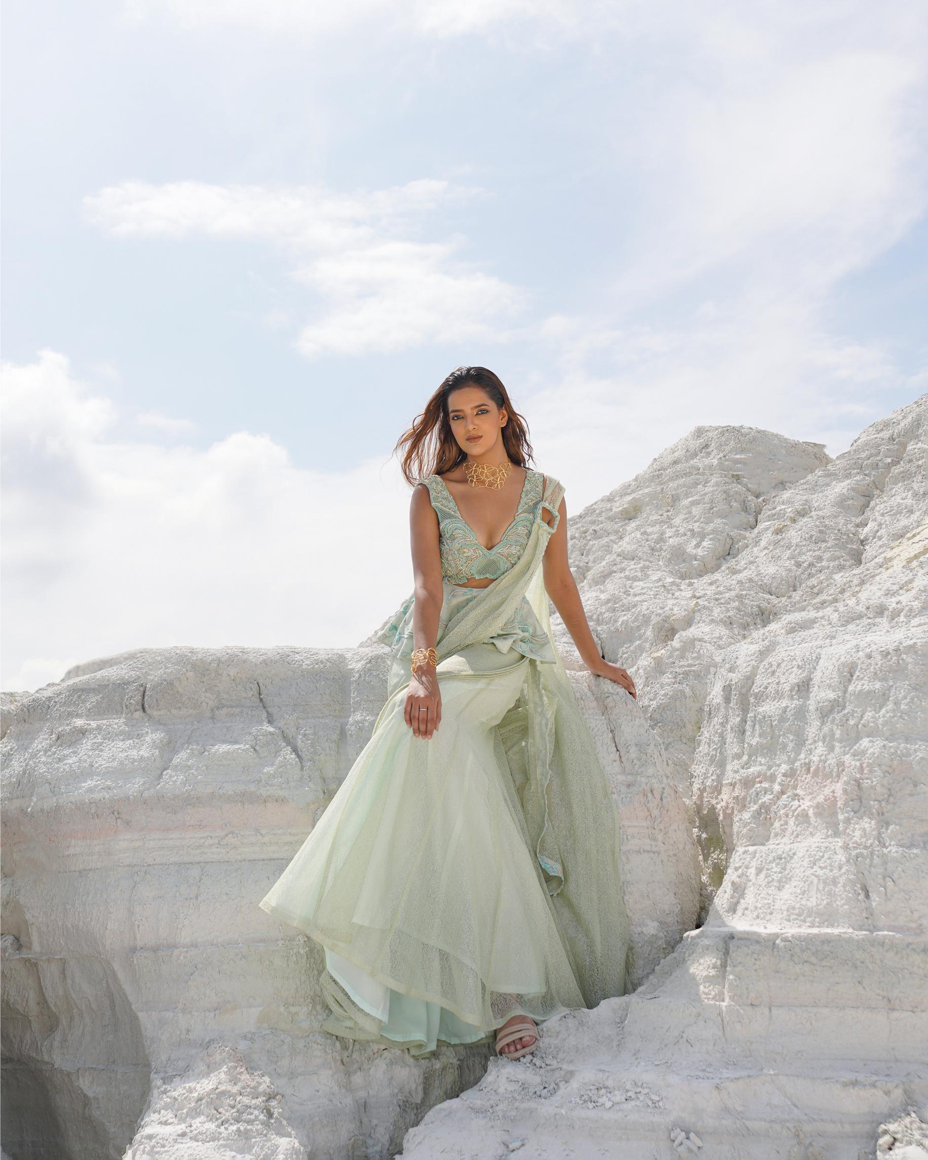 MINT BLOOM DRAPE SAREE (SIGNATURES)