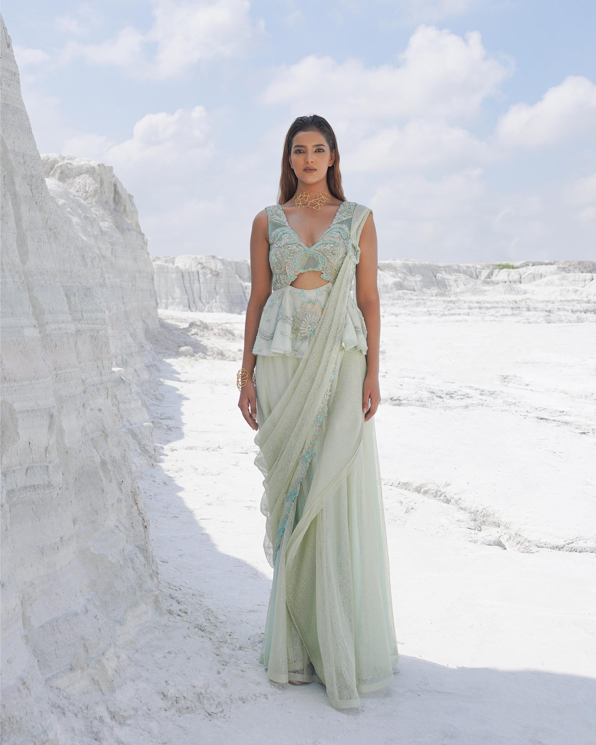 MINT BLOOM DRAPE SAREE (SIGNATURES)