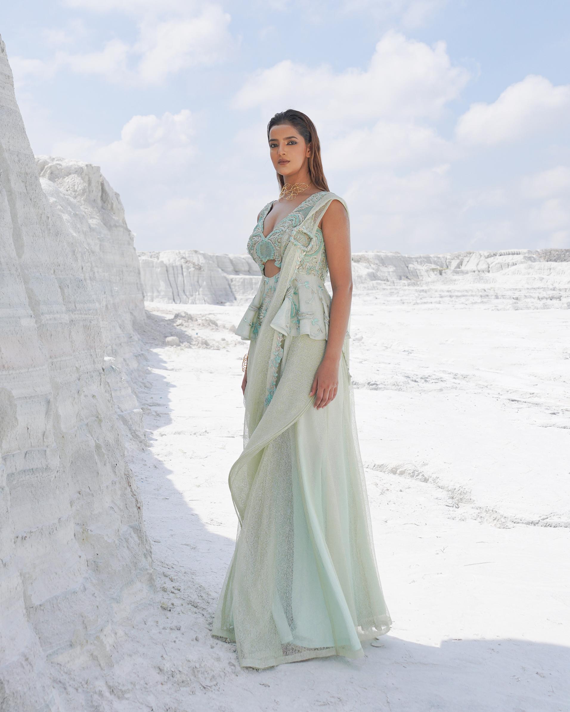 MINT BLOOM DRAPE SAREE (SIGNATURES)