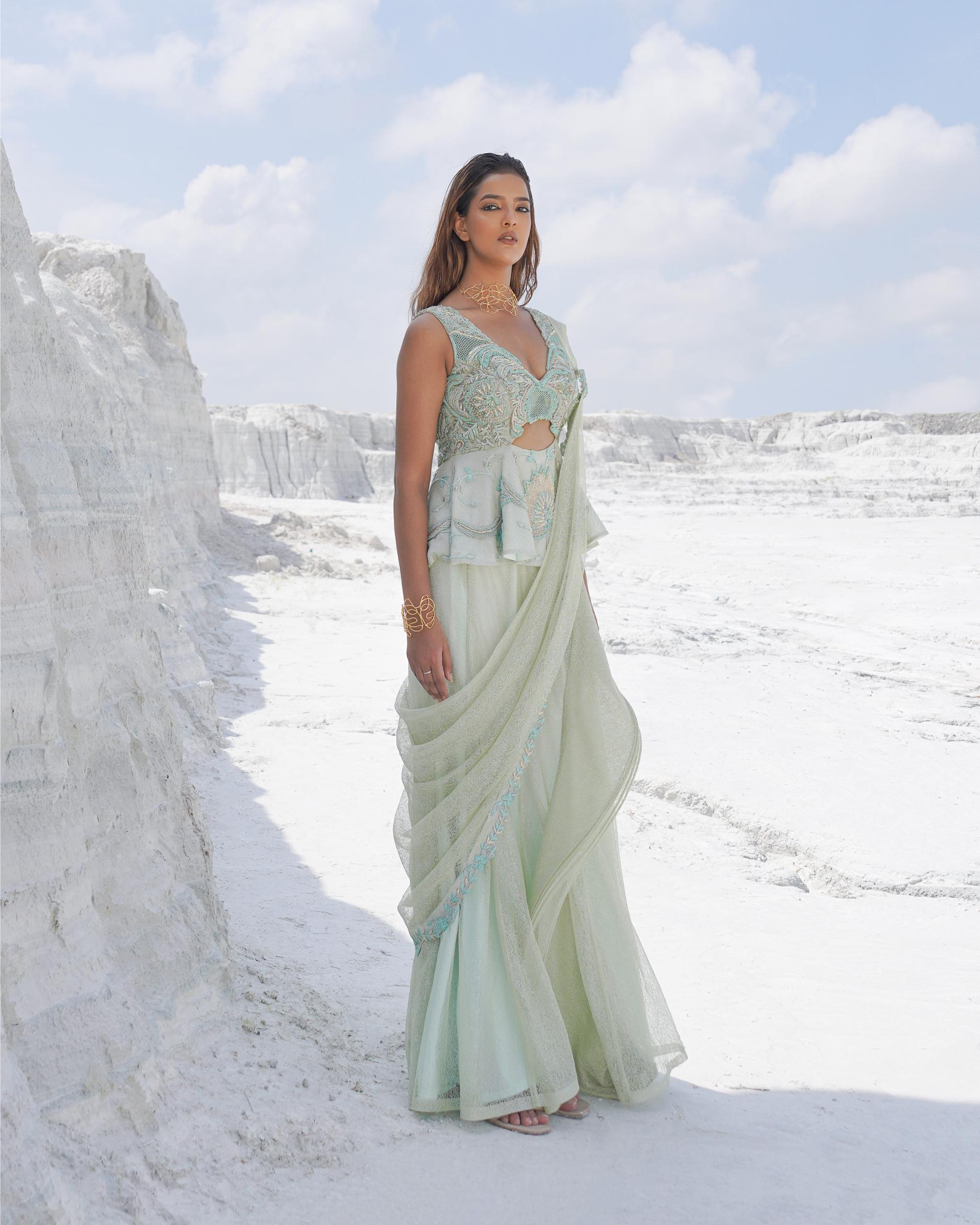 MINT BLOOM DRAPE SAREE (SIGNATURES)