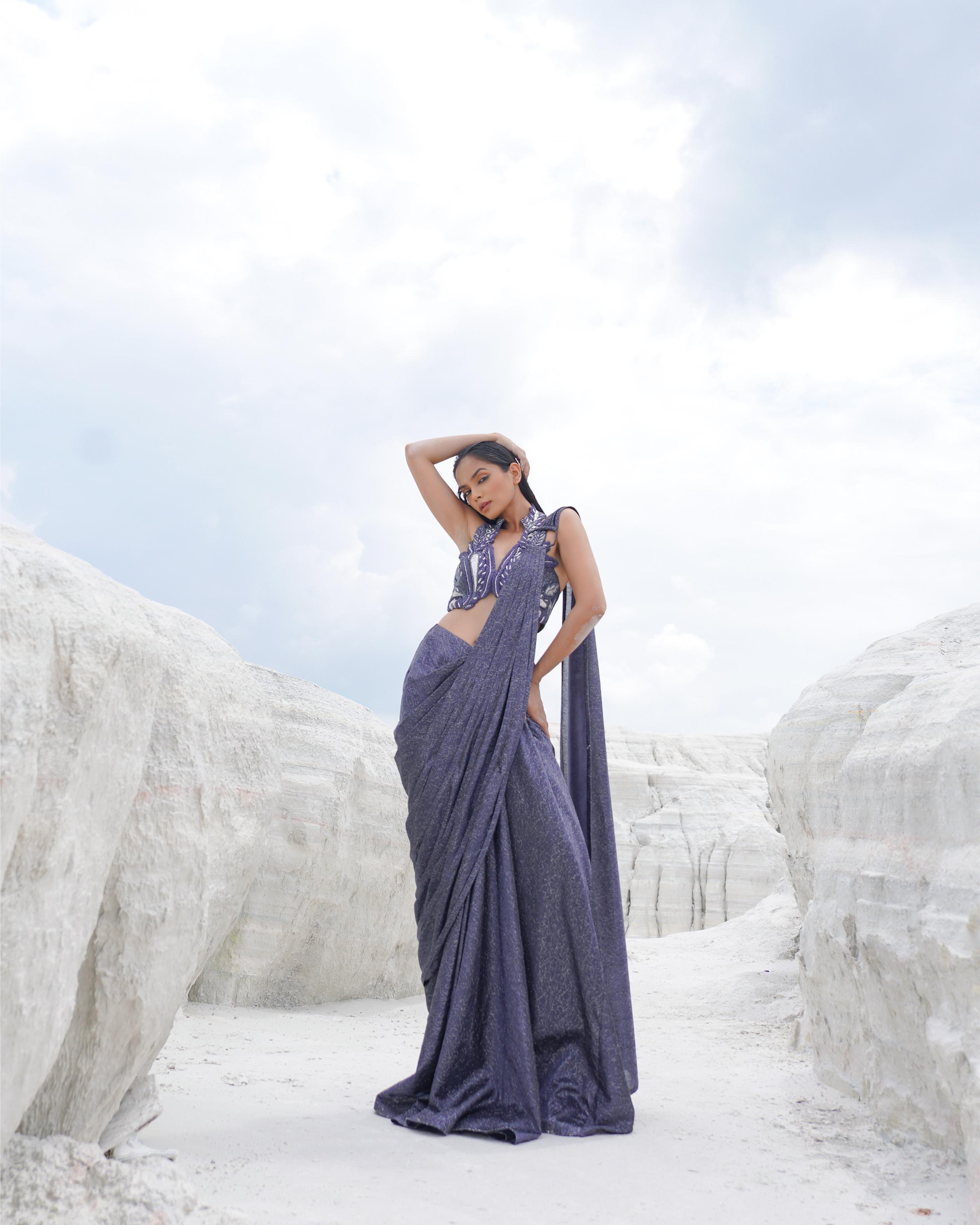 METALLIC MESH HALTER NECK WIRED DRAPE SAREE