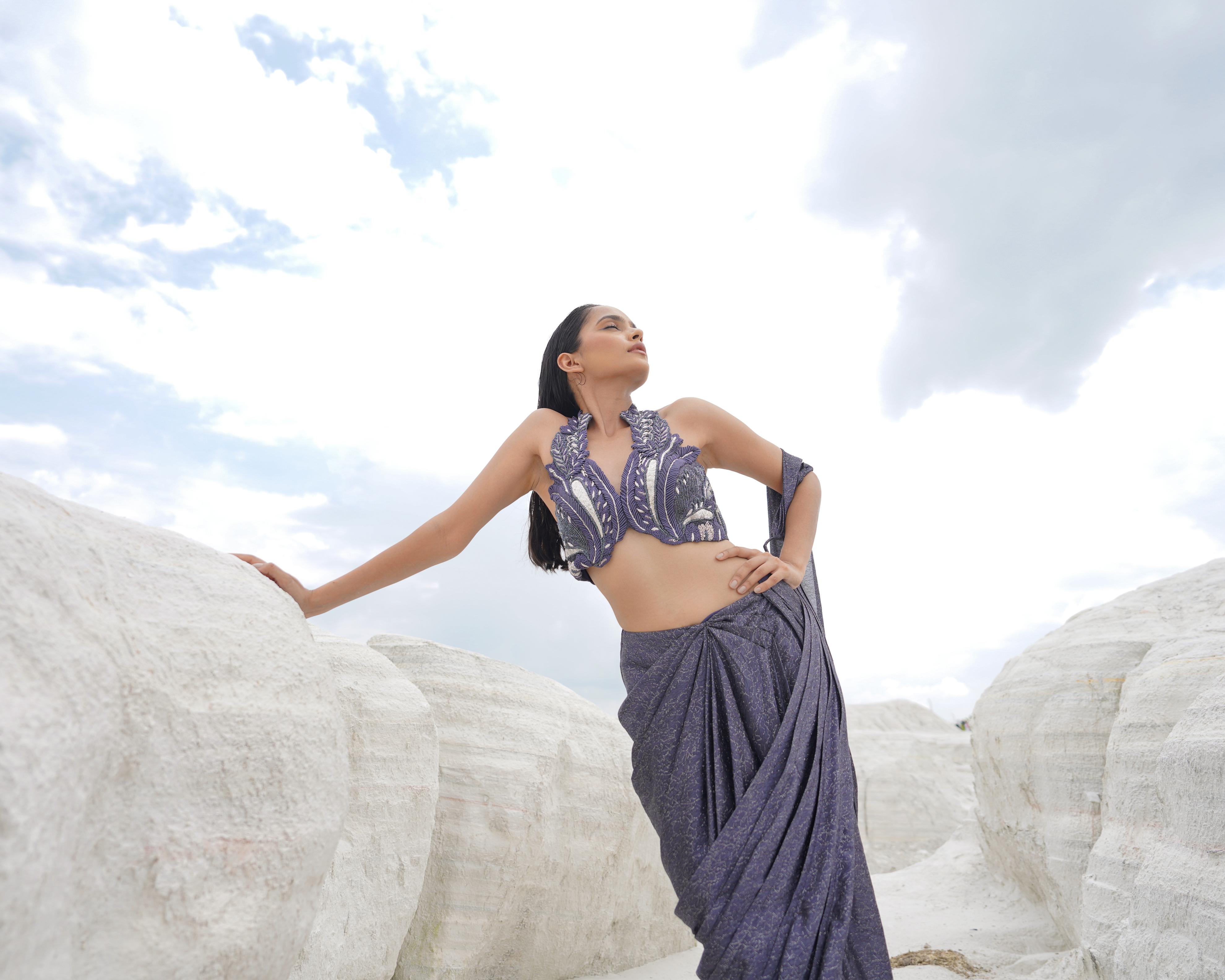 METALLIC MESH HALTER NECK WIRED DRAPE SAREE