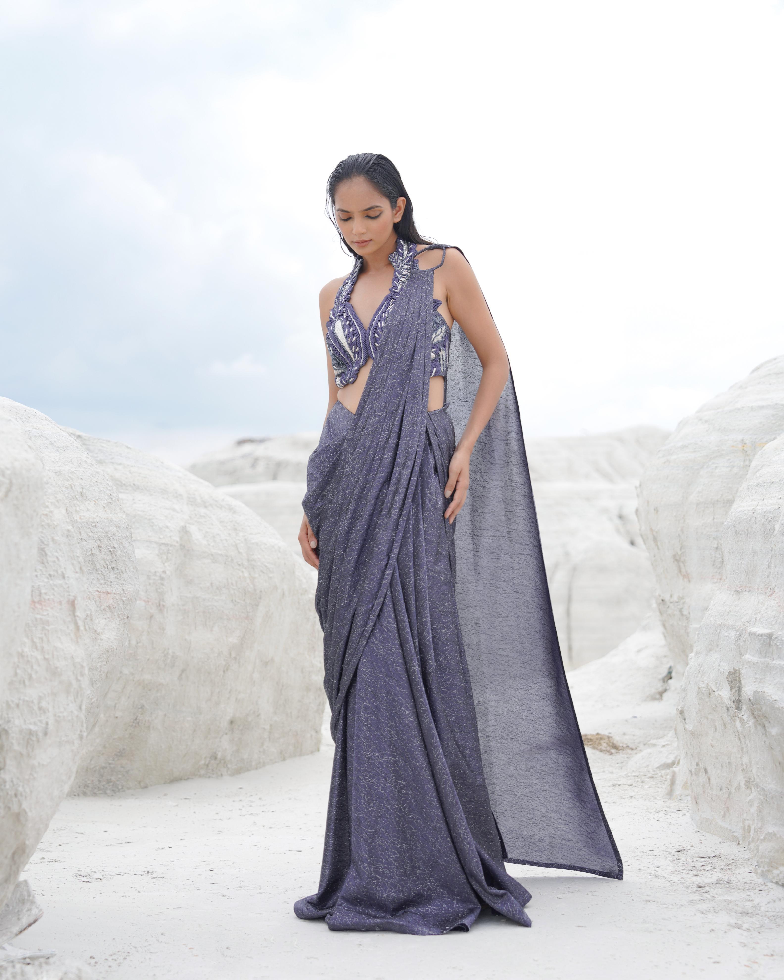 METALLIC MESH HALTER NECK WIRED DRAPE SAREE