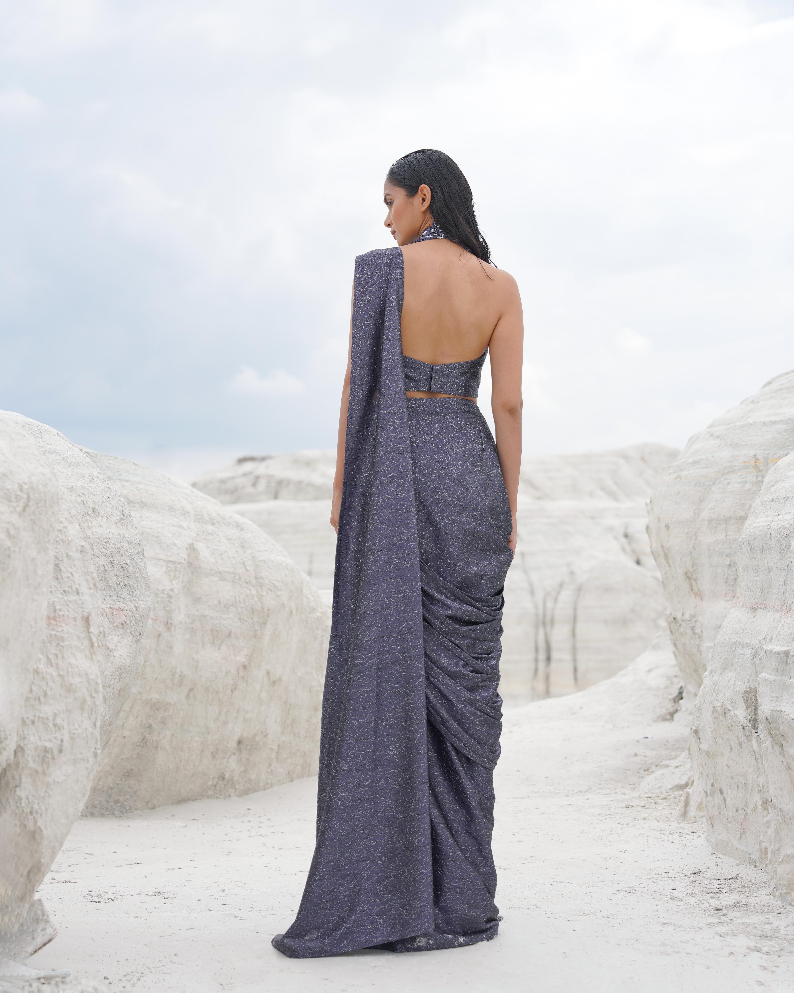 METALLIC MESH HALTER NECK WIRED DRAPE SAREE