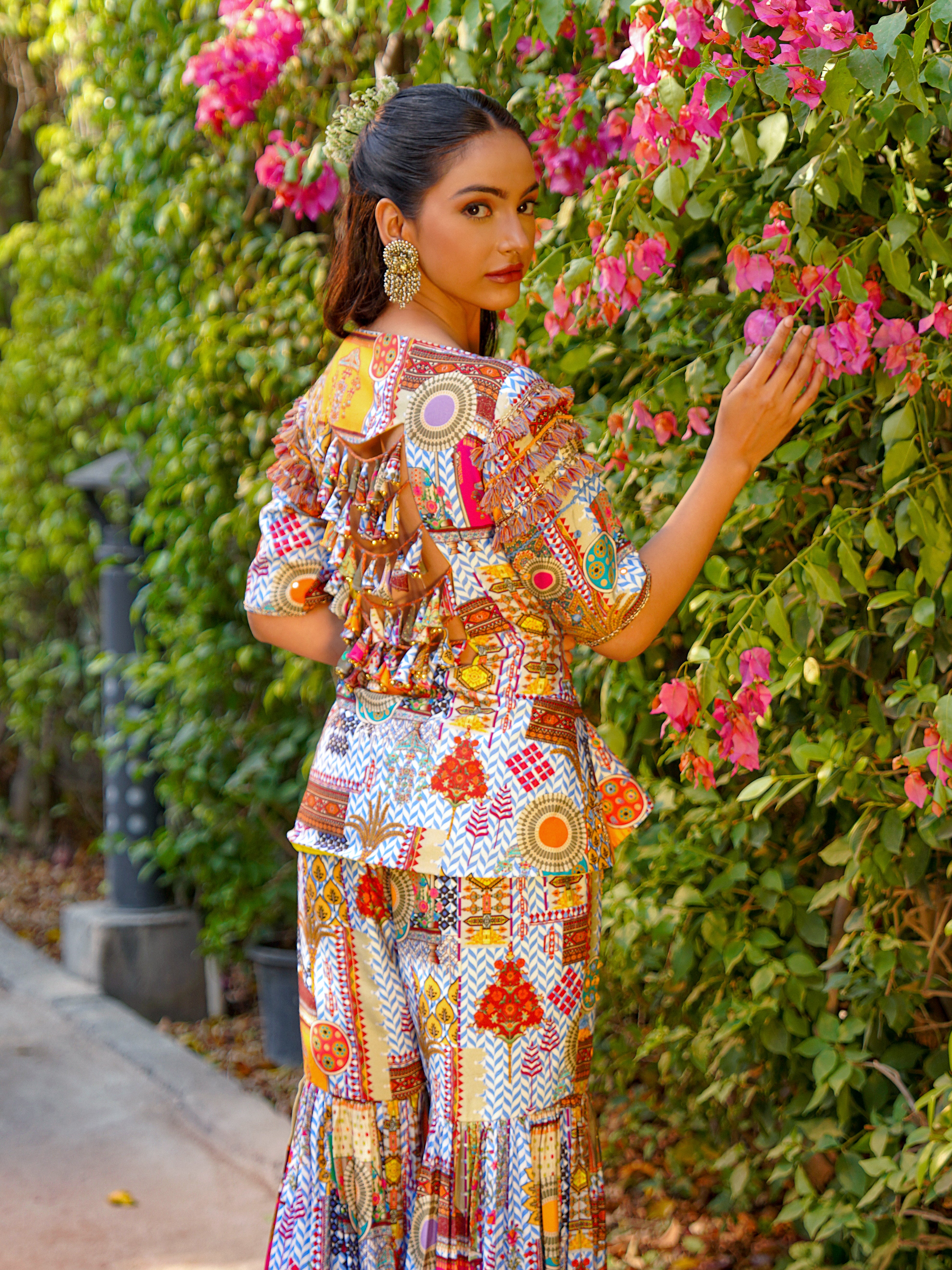 sky mosaic embroidered peplum cut bodice with sharara pants